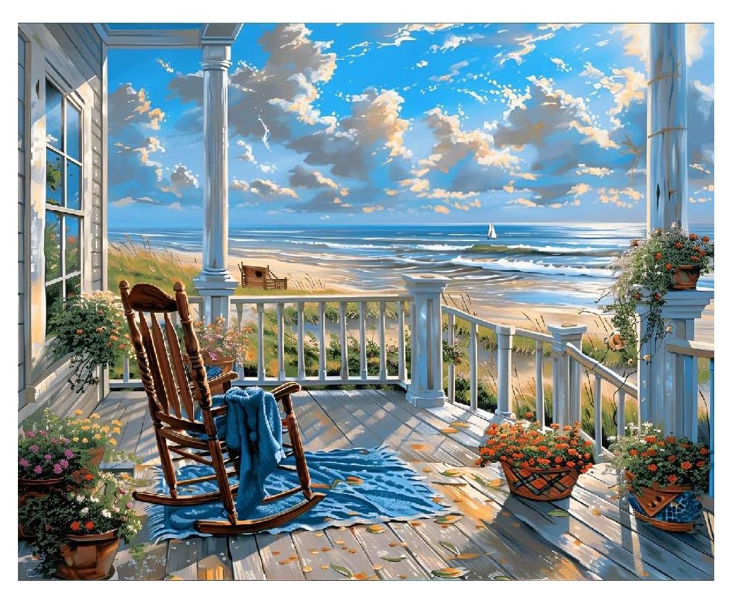 HASTHIP® DIY Paint by Number Kit for Adults, Coastal Porch Ocean View Landscape Painting Art Work with Frame, DIY Acrylic Paint by Numbers Canvas Wall Art Home Decor Gift, 40x50cm-image-12