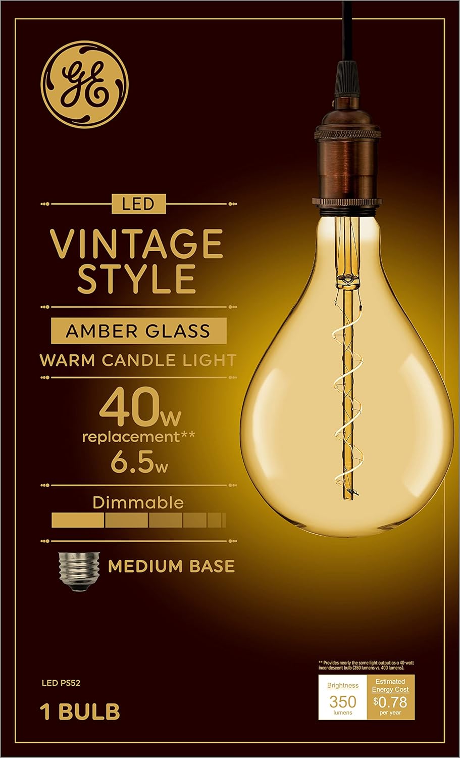 GE Lighting Vintage Style LED Tube Light Bulb, 6.5 Watts (40 Watt Equivalent) Warm Candle Light, Amber Glass, Medium Base, Dimmable (1 Pack)