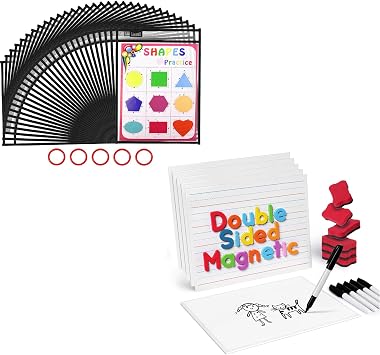 Gamenote 6 Pack Magnetic Small White Board Set & Dry Erase Pockets 30 Pack with Rings
