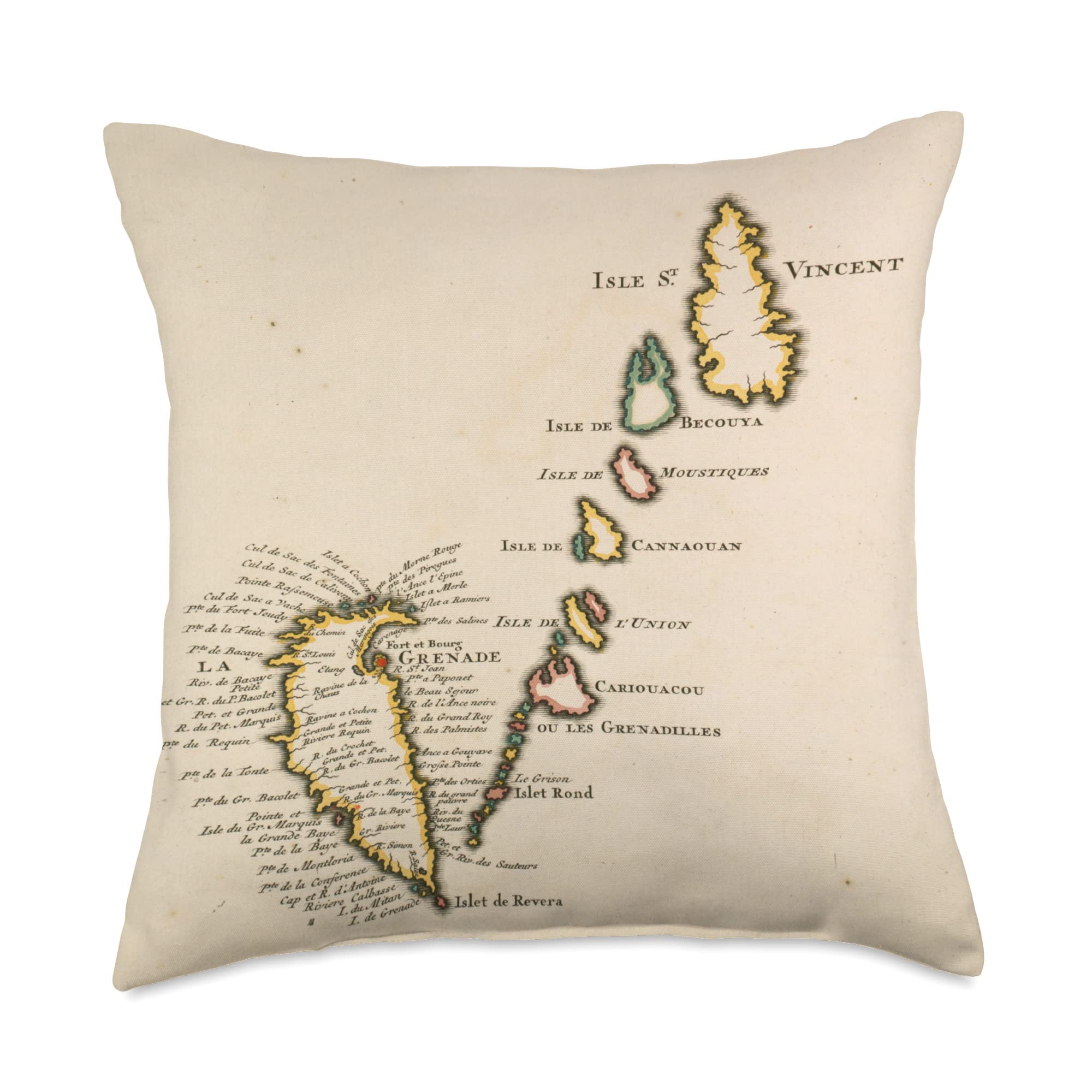 Old Southern Lesser Antilles Islands AtlasVintage Grenada & St Vincent and The Grenadines Map (1730) Throw Pillow, 18x18, Multicolor