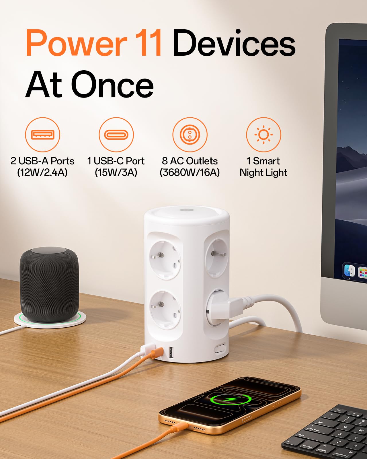 Torre Regletas Enchufes, Regleta USB 8 Tomas de AC y 3 USB, 2M Torre Enchufes Vertical con luz Nocturna y Interruptor,Regleta Enchufes Proteccion Sobretension, Enchufe Multiple para Mesa, Oficia, Casa — view 2