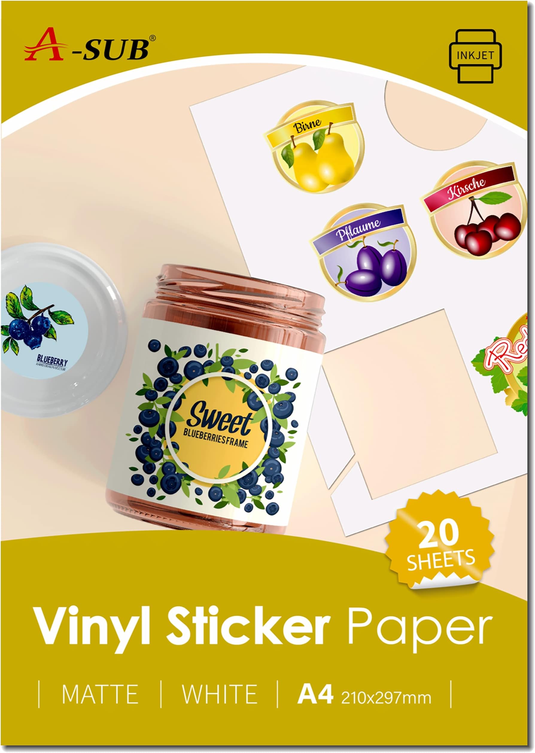 A-SUB White Matte Premium Waterproof Printable Vinyl Sticker Paper, Self-Adhesive Vinyl Labels for Inkjet Printers, A4 Size, 20 Sheets