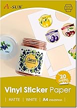 A-SUB White Matte Premium Waterproof Printable Vinyl Sticker Paper, Self-Adhesive Vinyl Labels for Inkjet Printers, A4 Size, 20 Sheets