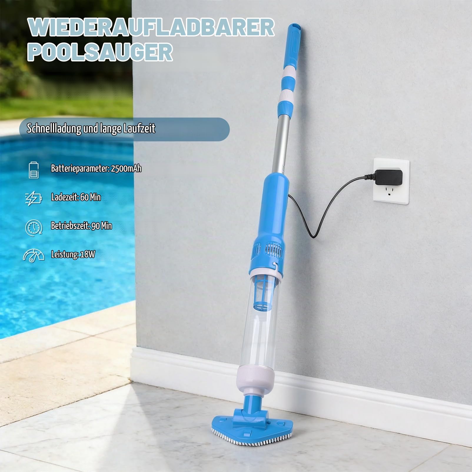 Poolsauger Kabellos mit Akku, Neu 3 en 1 Poolsauger Kabelloser Handsauger