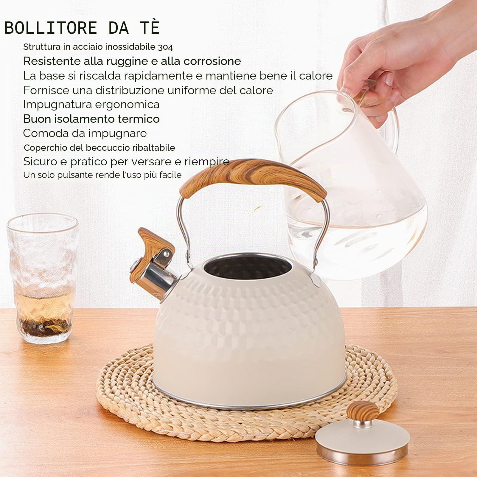 Bollitore da Tè Con Fischio da 2,5 Litri in Acciaio Inossidabile - Teiera Con Riscaldamento Efficiente Per Piano Cottura - Manico Termoisolante