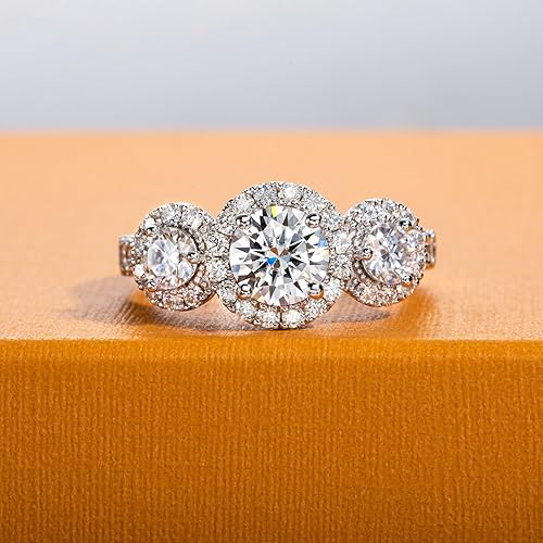 Vista 2 de Anillo de compromiso de moissanita con halo de 2.842.224 CTTW, color D, claridad VVS1, redondo, corte brillante, plata de ley S925, anillos de boda