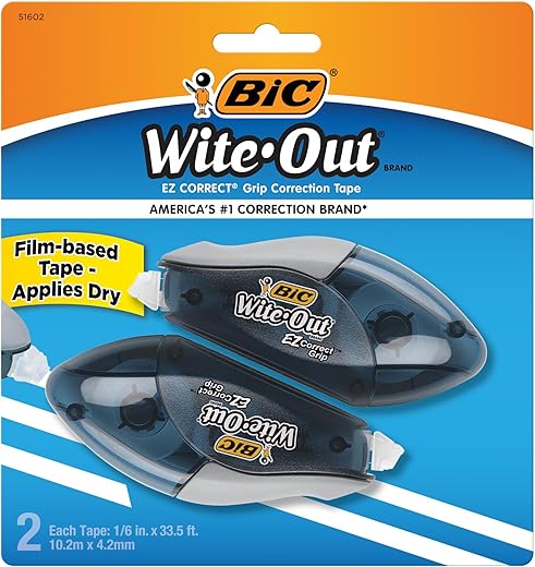 BIC Wite-Out Brand EZ Correct Grip Correction Tape, 33.5 Feet, 2-Count Pack of white Correction Tape, Fast, Clean and Easy to Use Tear-Resistant Tape Office or School Supplies