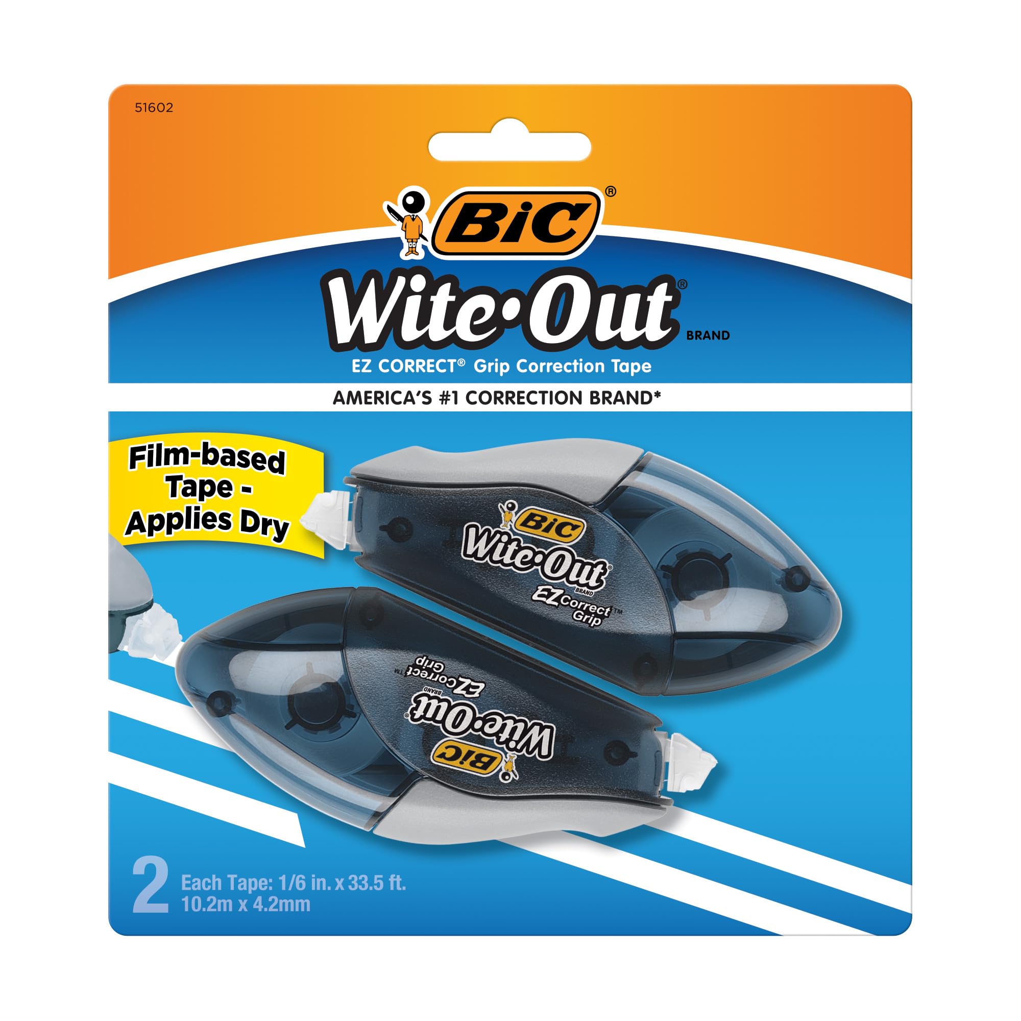 Bic WOECGP21 Wite-Out EZ Correct Grip Correction Tape, NonRefill, .17 in, 402 in, 2-Pk