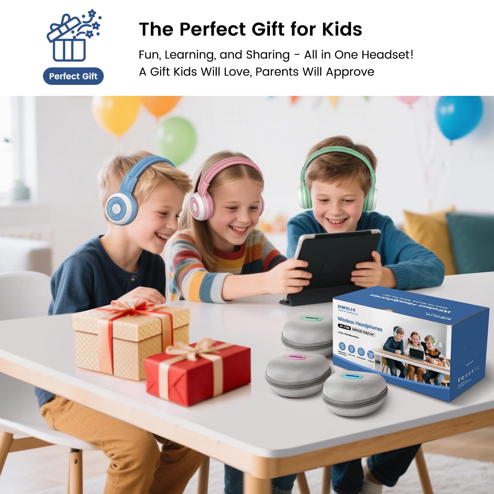 SIMOLIO Confezione da 2 cuffie Bluetooth per bambini per l'ascolto di gruppo, compatibili con qualsiasi dispositivo Bluetooth singolo per viaggi scolastici in famiglia, film e musica, microfono