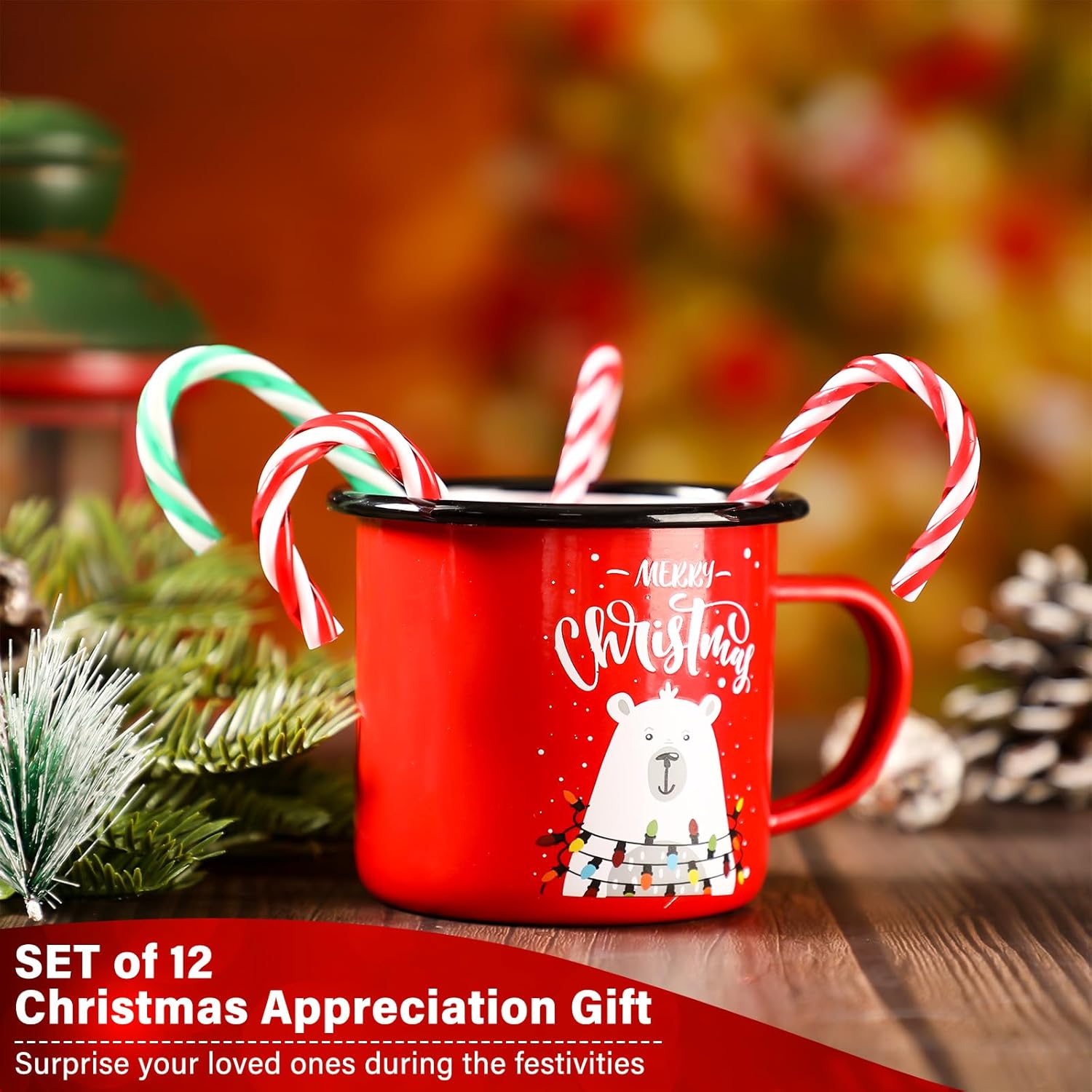 CHENGU Set of 12 Christmas Enamel Mug Bulk 12 oz Hot Chocolate Mugs Holiday Hot Cocoa Ceramic Mugs Merry Christmas Xmas Funny Coffee Cups Stocking Stuffer Gifts for Women Family Friends Coworkers