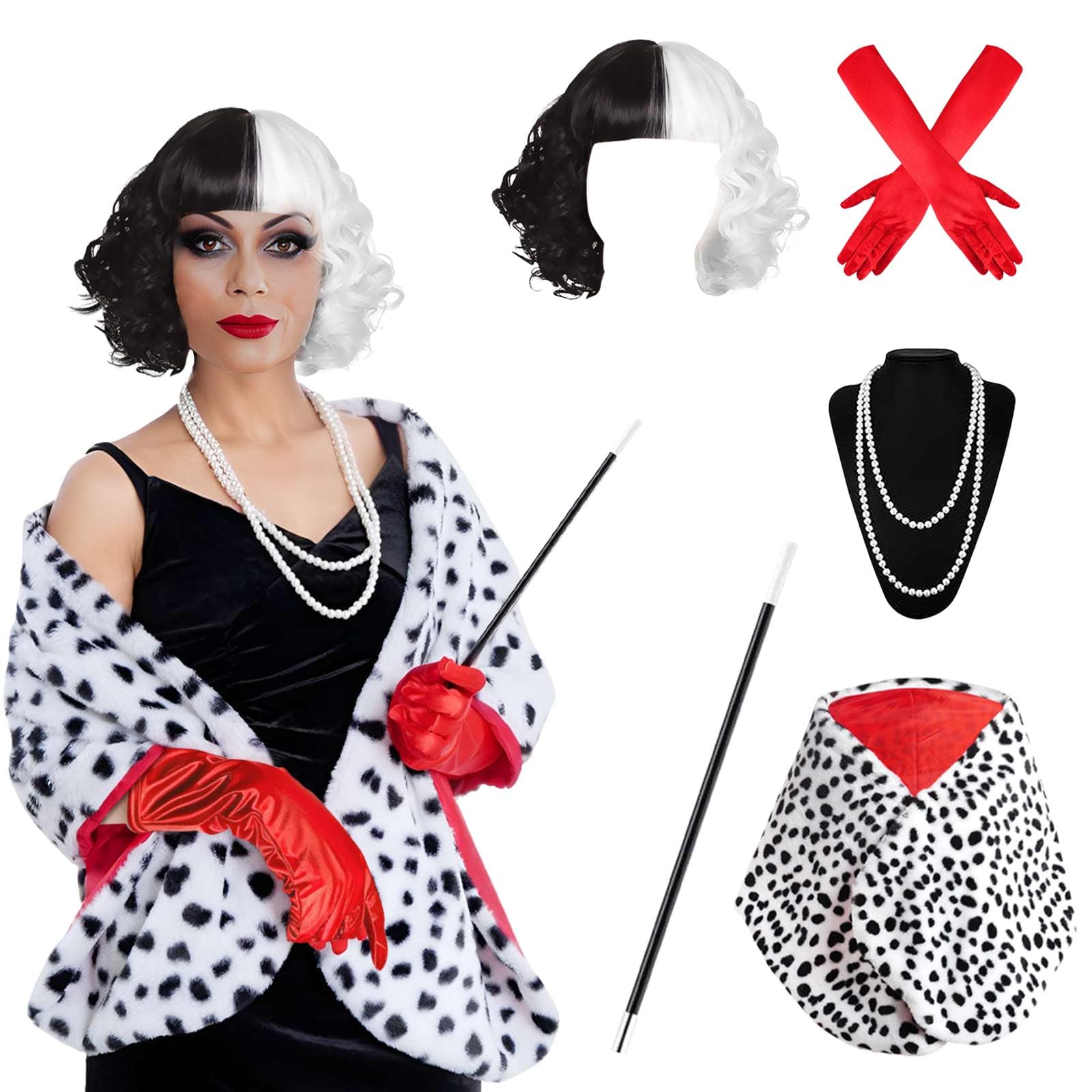 Cruella Kostüm Damen Set - Halb Schwarz Halb Weiß Perücke Mit Zubehör Für Halloween & Karneval