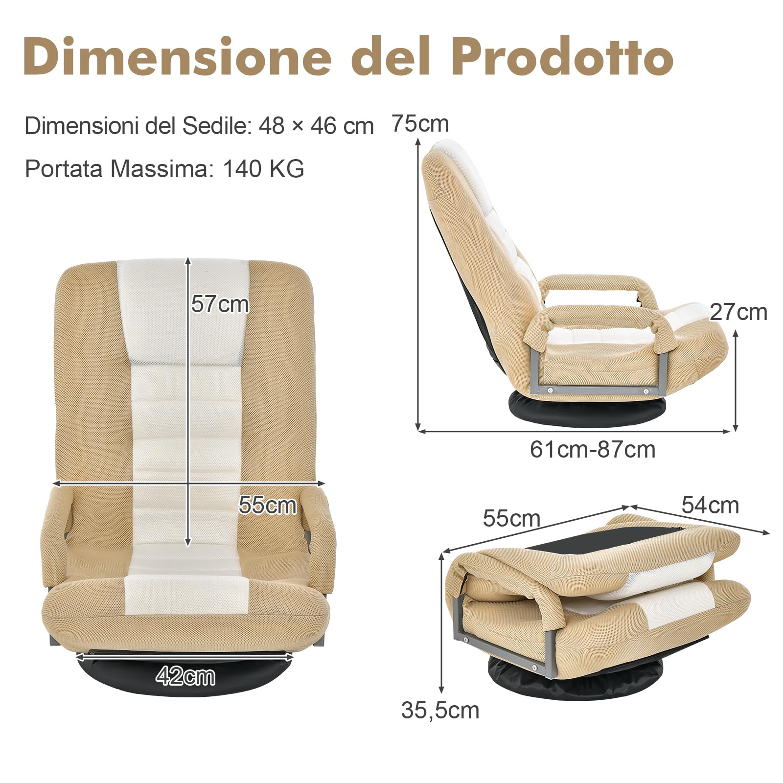 COSTWAY Sedia da Pavimento Pighevole, Sedia da Terra con Braccioli, Poltrona da Yoga Portatile e Girevole, Poltrona con Schienale Regolabile a 5+2 Livelli, Portata 150 kg (Marrone chiaro)