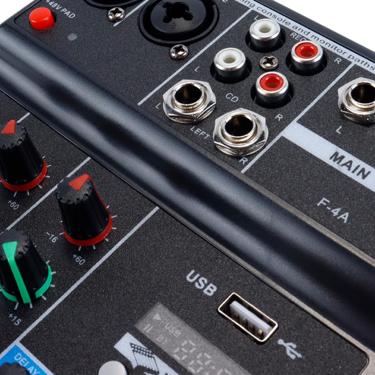 Tragbarer Audiomixer, professioneller 4-Kanal-Bluetooth-Mixer, DJ-Konsole mit Halleffekt für Karaoke, USB, Live-Bühne, KTV