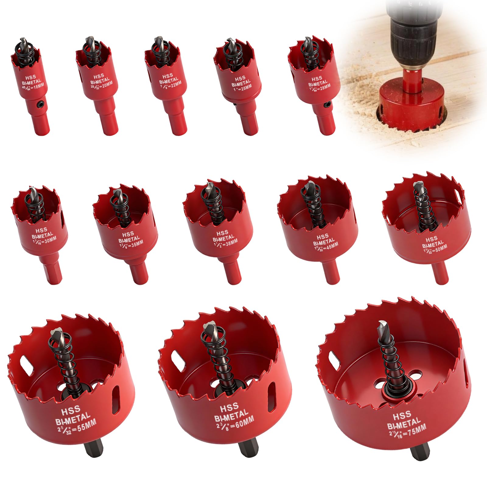 13PCS Hole Saw Sets, 18mm-75mm Bi-Metal Hole Saw, Wood Hole Saw Drill Bit with Hexagon Adapter and Centring Drill, Wood Hole Cutter for Wood, Plastic, Soft Metal, Drywall for Cutting Circular Holes