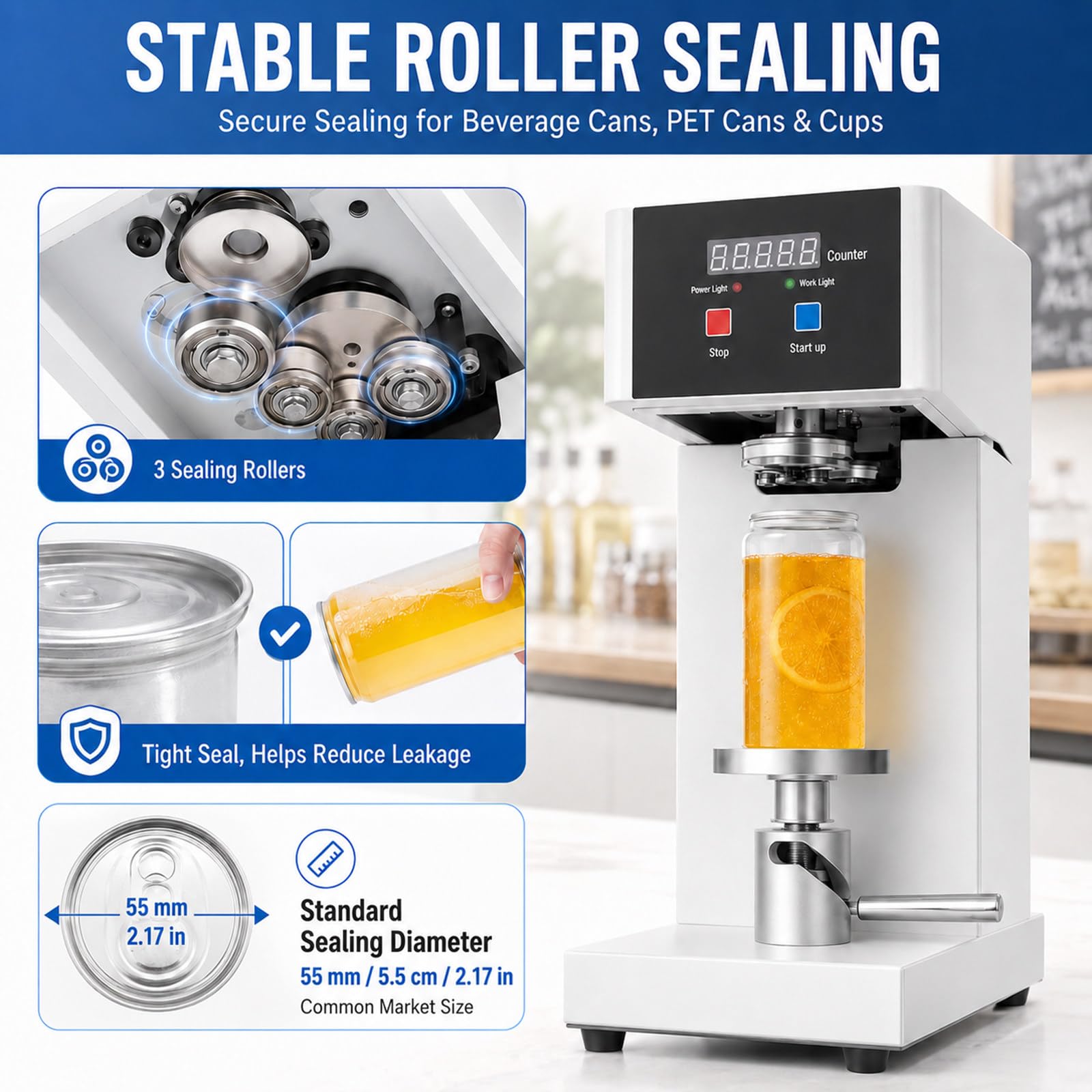 Machine à sceller Les canettes Automatique, Panneau Intelligent et comptage LCD, 55 mm, Hauteur réglable 14-21 cm, pour Pet, jus, thé aux Perles, café Black