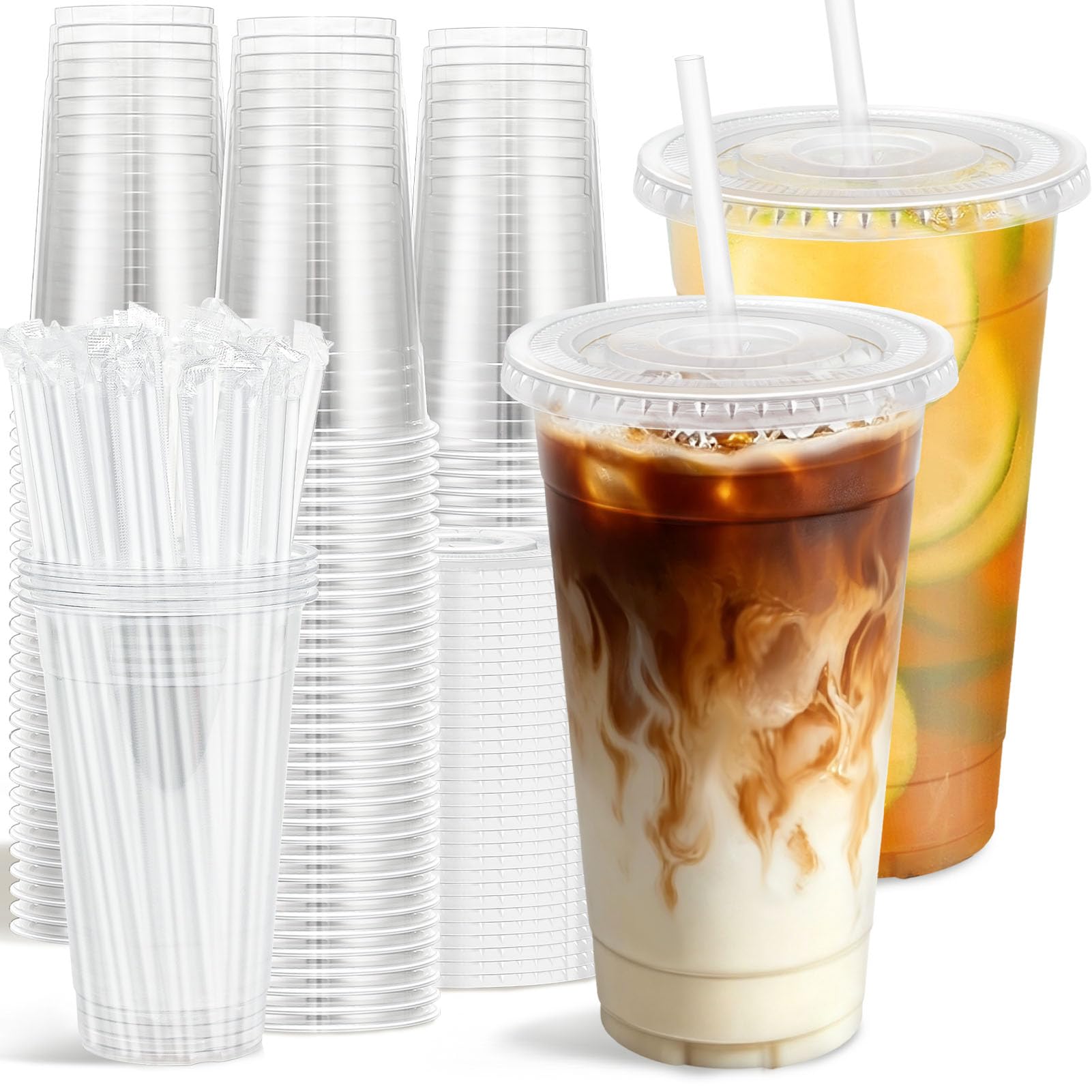 Clawsoff 100 Pack 24 oz Clear Plastic Cups with Lids and Straws Disposable
