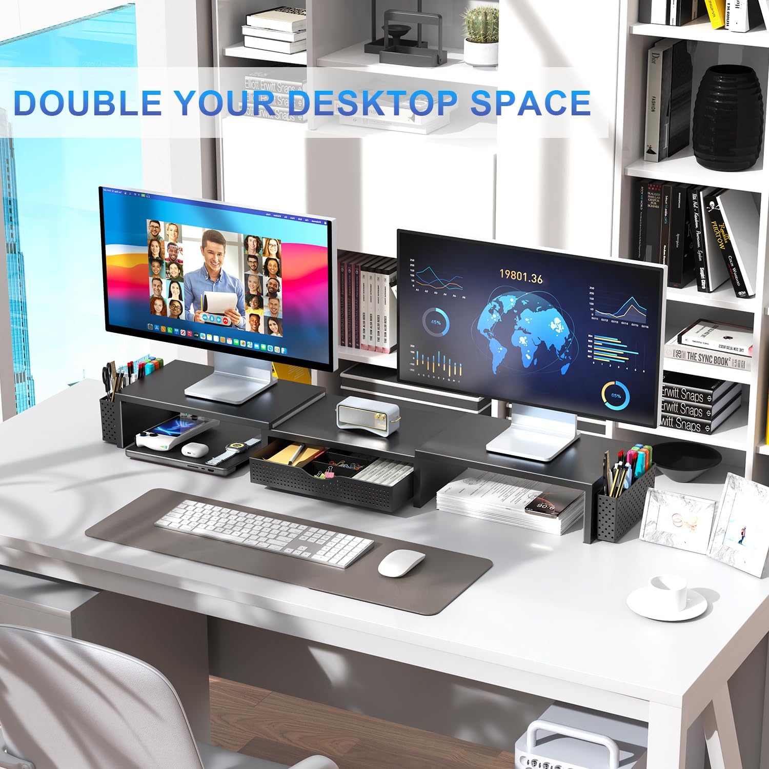 Dual Monitor Stand Riser, Metal Desk Accessories with Drawer and 2 Pen Holder, Adjustable Length and Angle - Computer Monitor Stand for Screen, Computer, Printer (Black) — view 3
