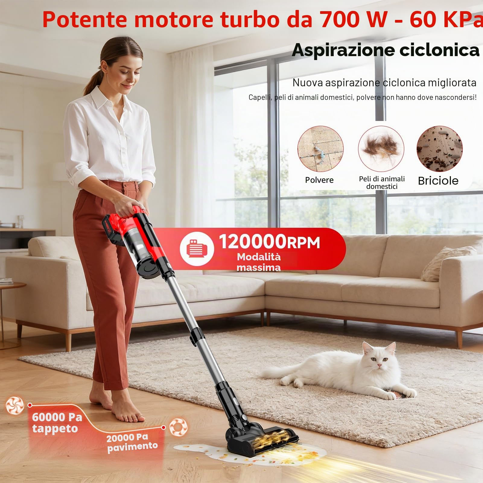 60KPa Aspirapolvere Senza Fili,700W/70Mins Scopa Elettrica Senza Fili con 2*4,0Ah Batterie Rimovibile,Anti-Groviglio,LED Touchscreen,Aspirapolvere Senza Fili Potente Per Pavimenti/Tappeti/Peli Animali
