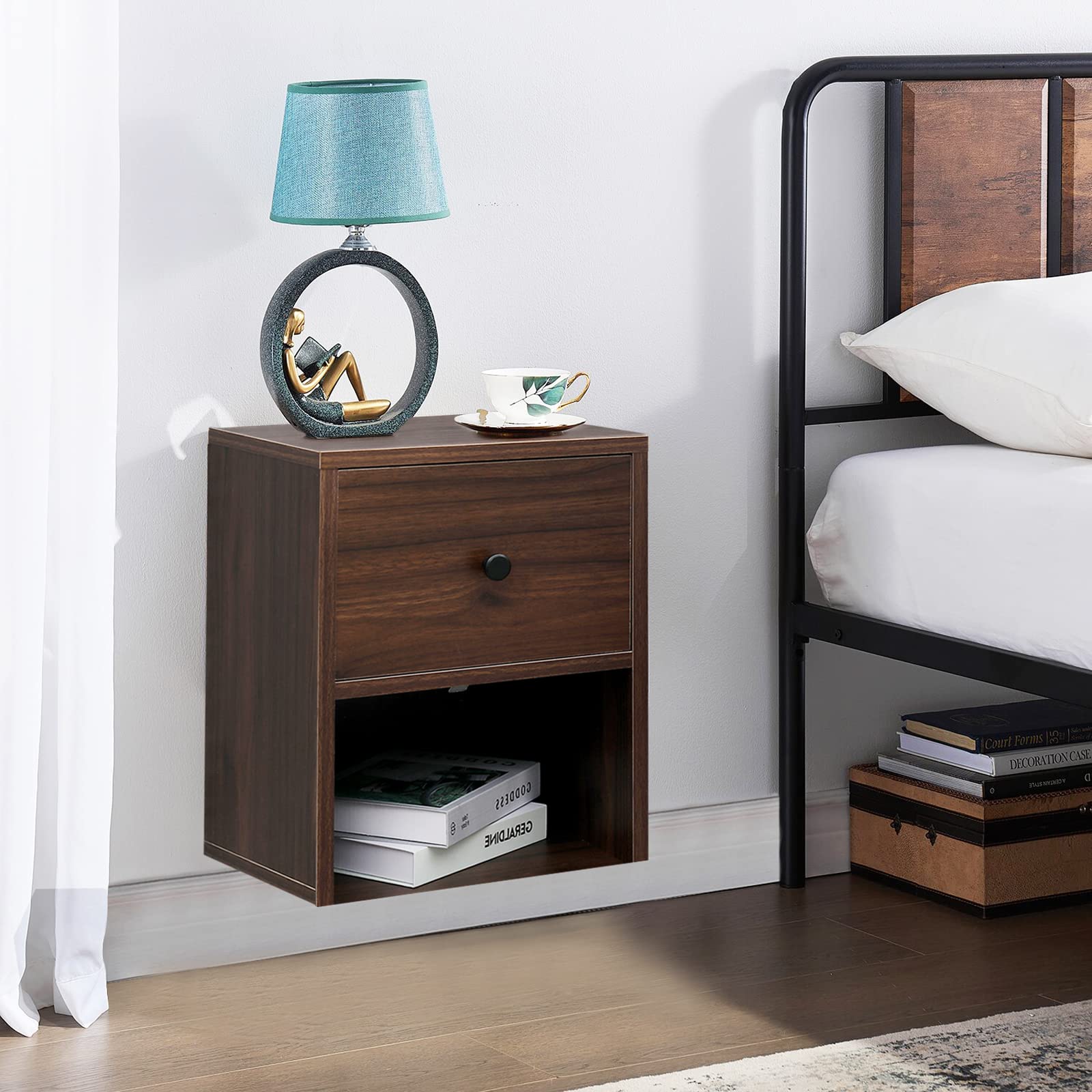 LAPTAIN 2 Pack Floating Nightstand Wall Mounted Shelf with Drawer Storage Bedside Table for Living Room, Bedroom