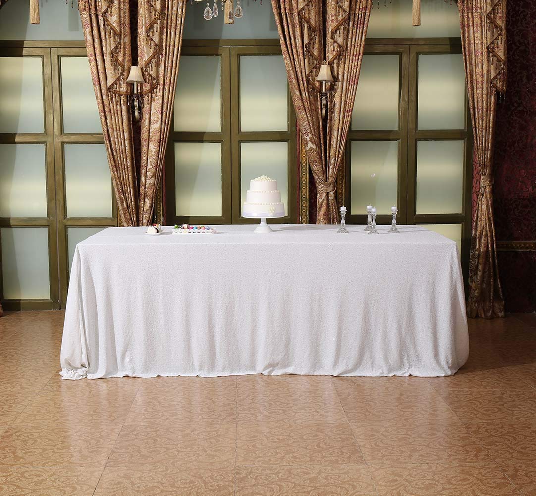SquarePie Obrus cekinowy 150 x 250 cm, biały błyszczący stół weselny