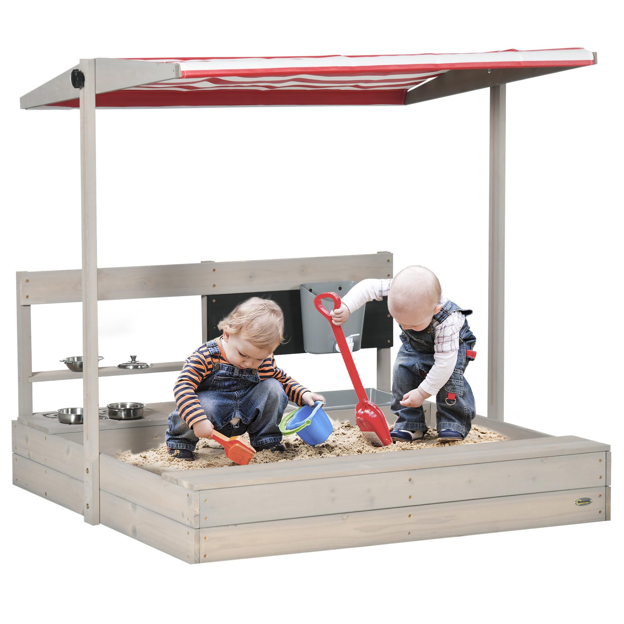 Outsunny Kids Sandbox with Cover, Wooden Sand Box with Adjustable Cover, Kitchen Playset Toys, Seat, Storage, Outdoor Sand Play for 3-7 Years Old, 45 x 43 x 43inch, Grey