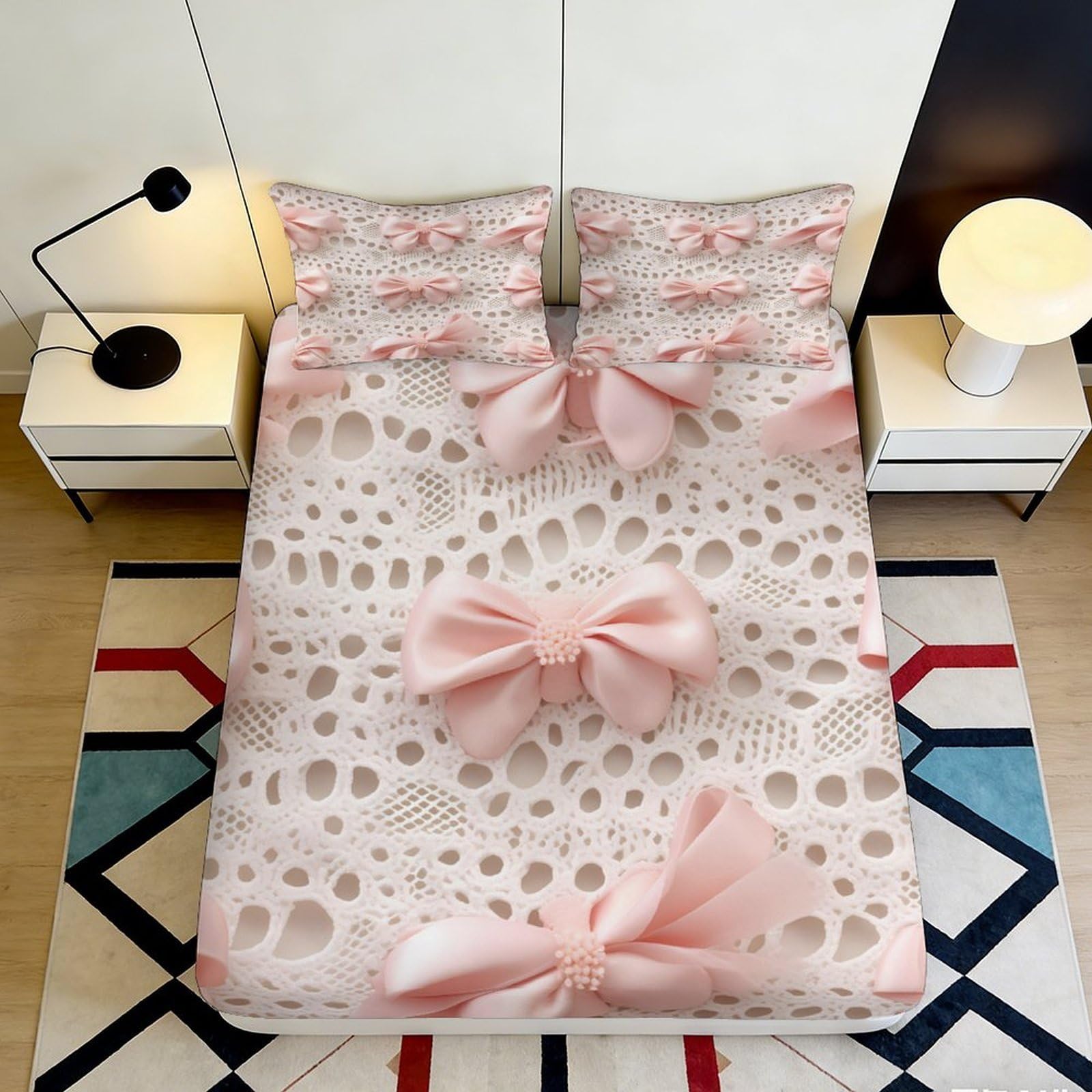 3D Printed Pink Lace Bow Fitted Sheet Microfiber Soft Bedroom Decor Rose Bow Mattress Cover for Home Dorm 90x200x25cm