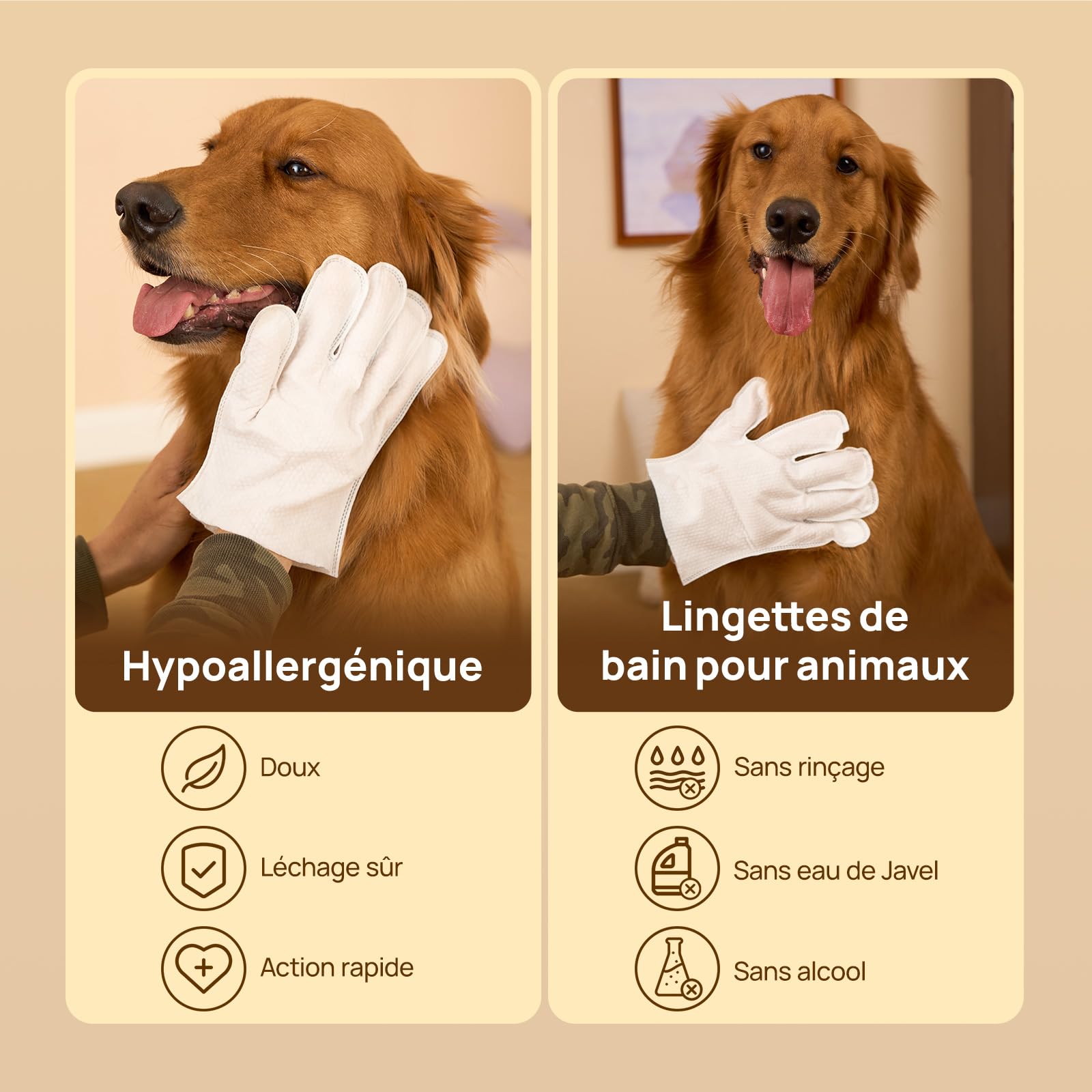 HICC PET Gants de Nettoyage pour Chiens et Chats, 20 Lingettes Humides Double Face pour Le Toilettage et Les Pattes, sans Rinçage, Formule à l'huile de Coco pour Peau Sensible, Parfum Coco