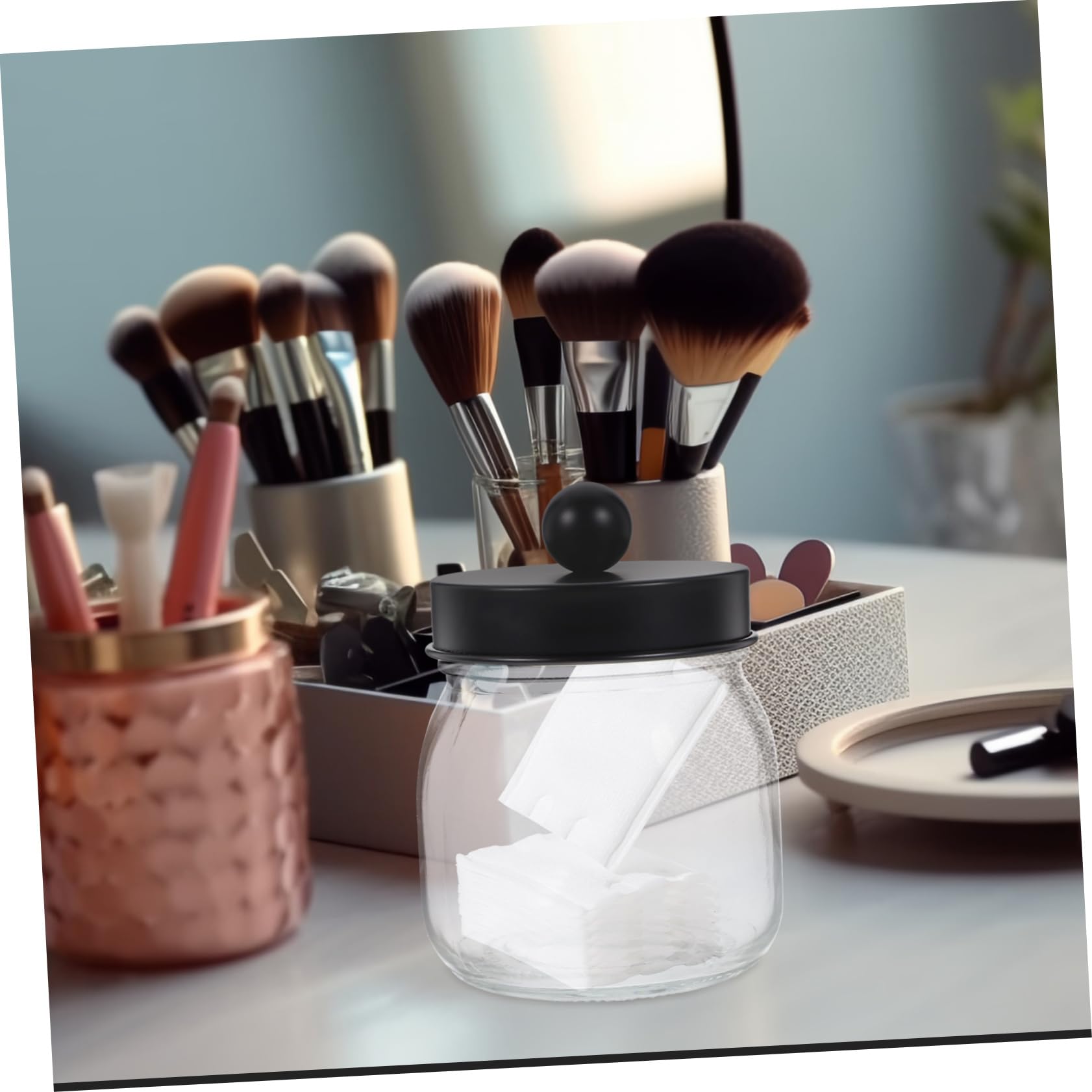 2 Stück Badezimmerglas mit Deckel Hautpflege Organizer aus Glas und Edelstahl Transparent Schwarz für Wattestäbchen und Wattepads