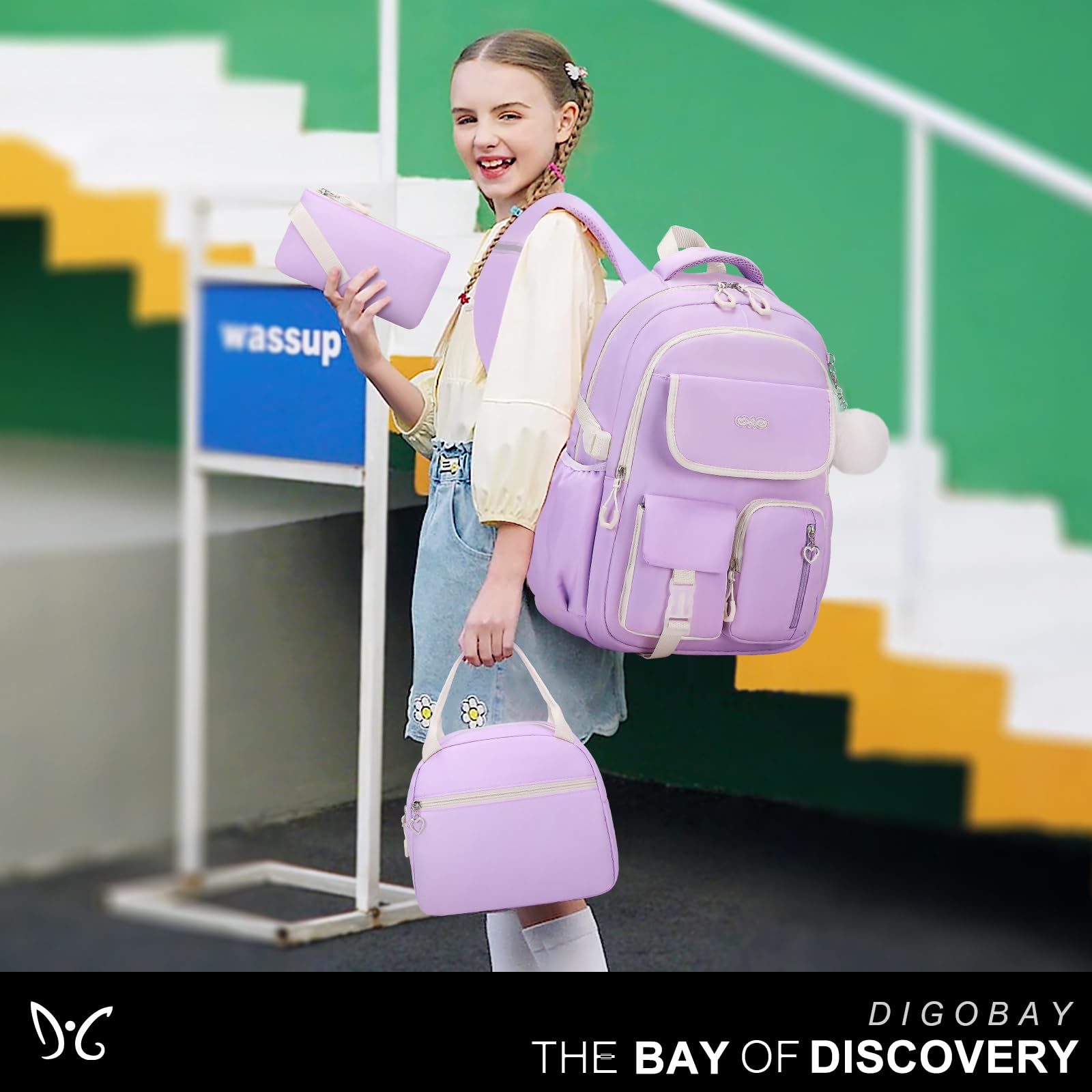 DIGOBAY Mochilas para niñas, mochila escolar de 3 piezas con lonchera y estuche para lápices para adolescentes y niñas