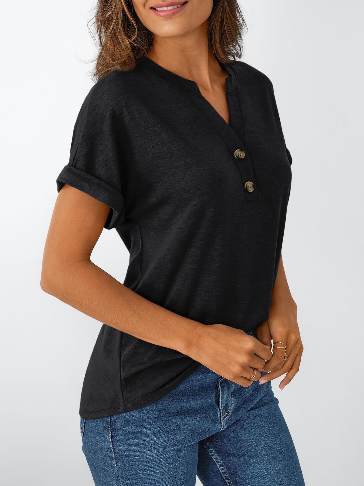 AUTOMET Women's Short Sleeve Shirts Henley Dressy Casual Summer Tops 2026 Spring Fashion Trendy Cute T-Shirts Black Small - 2