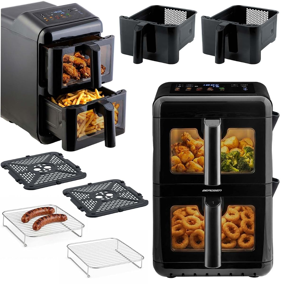 Berdsen Frytkownica Beztłuszczowa Airfryer na Gorące Powietrze 11,6 l - Dwukomorowa Pionowa 2 x 5,8 l, 3000 W, 9 Programów, Ekran Dotykowy i Okienko LED - Pieczenie, Grillowanie i Suszenie - Czarna