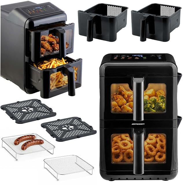 Berdsen Frytkownica Beztłuszczowa Airfryer na Gorące Powietrze 11,6 l – Dwukomorowa Pionowa 2 x 5,8 l, 3000 W, 9 Programów, Ekran Dotykowy i Okienko LED – Pieczenie, Grillowanie i Suszenie – Czarna