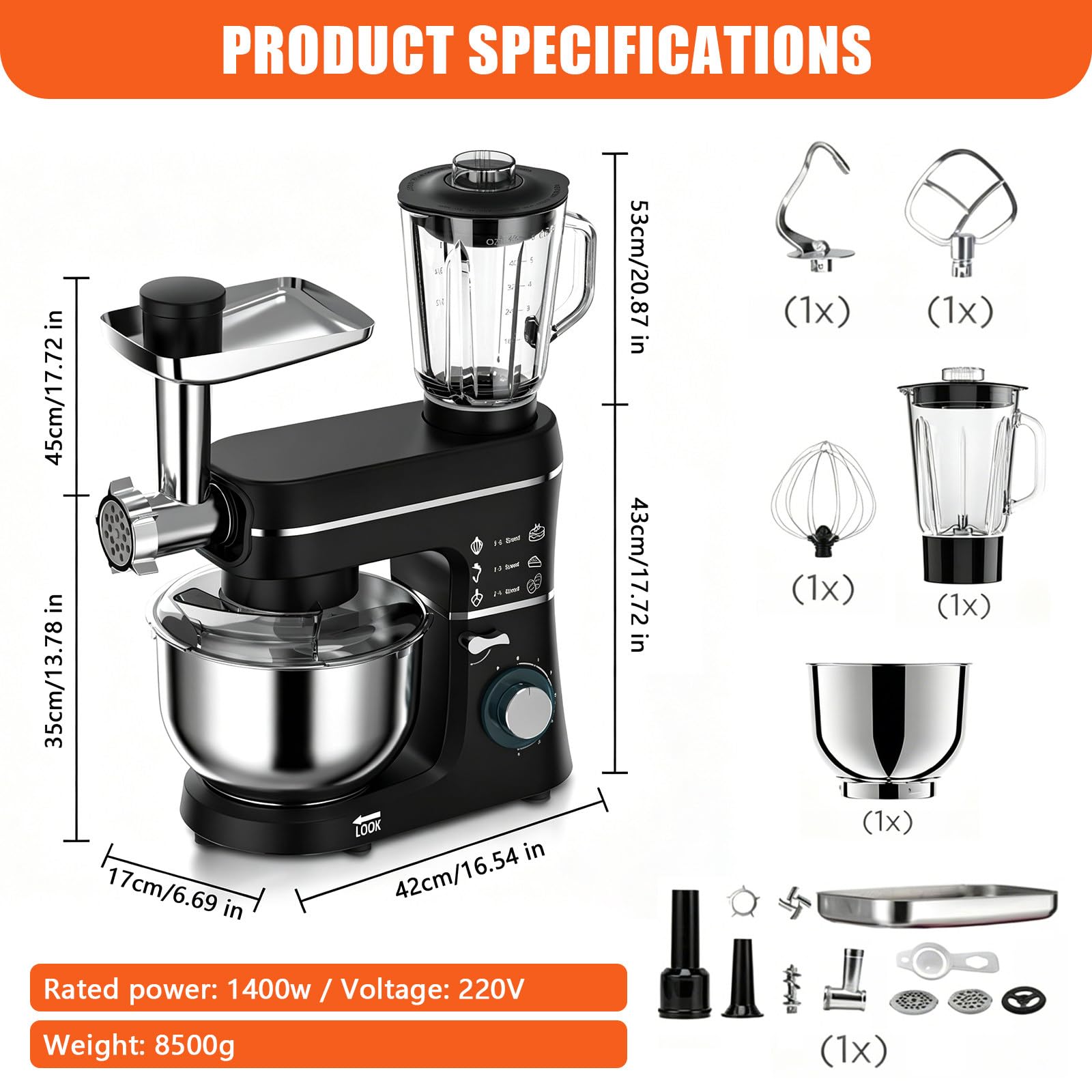 5 en 1 Robot de Cocina – 1400W – con Picadora de Carne, 1,5L Batidora de Vaso, Accesorios – Batidora Amasadora con Bol 10L, Batidor, Gancho Amasador, Gancho para Mezclar Black