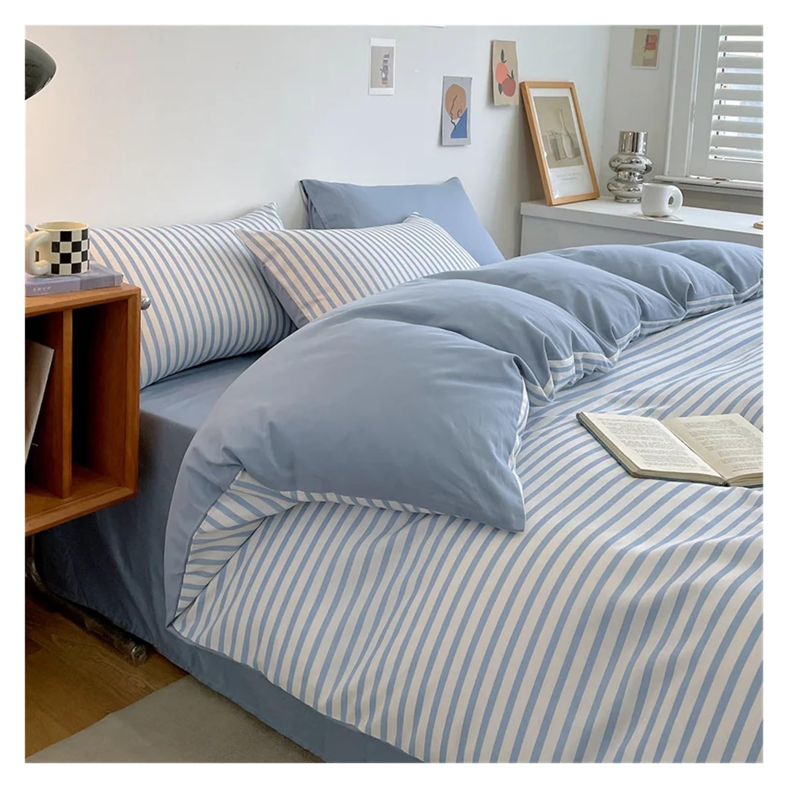 Komplet pościeli, komplet pościeli King, bawełniany Simple Comfort 4-częściowy zestaw, 600s nici, niebieski pasek, 1 prześcieradło, 1 poszwa na kołdrę, dwie poszewki na poduszki (Blu Twin)