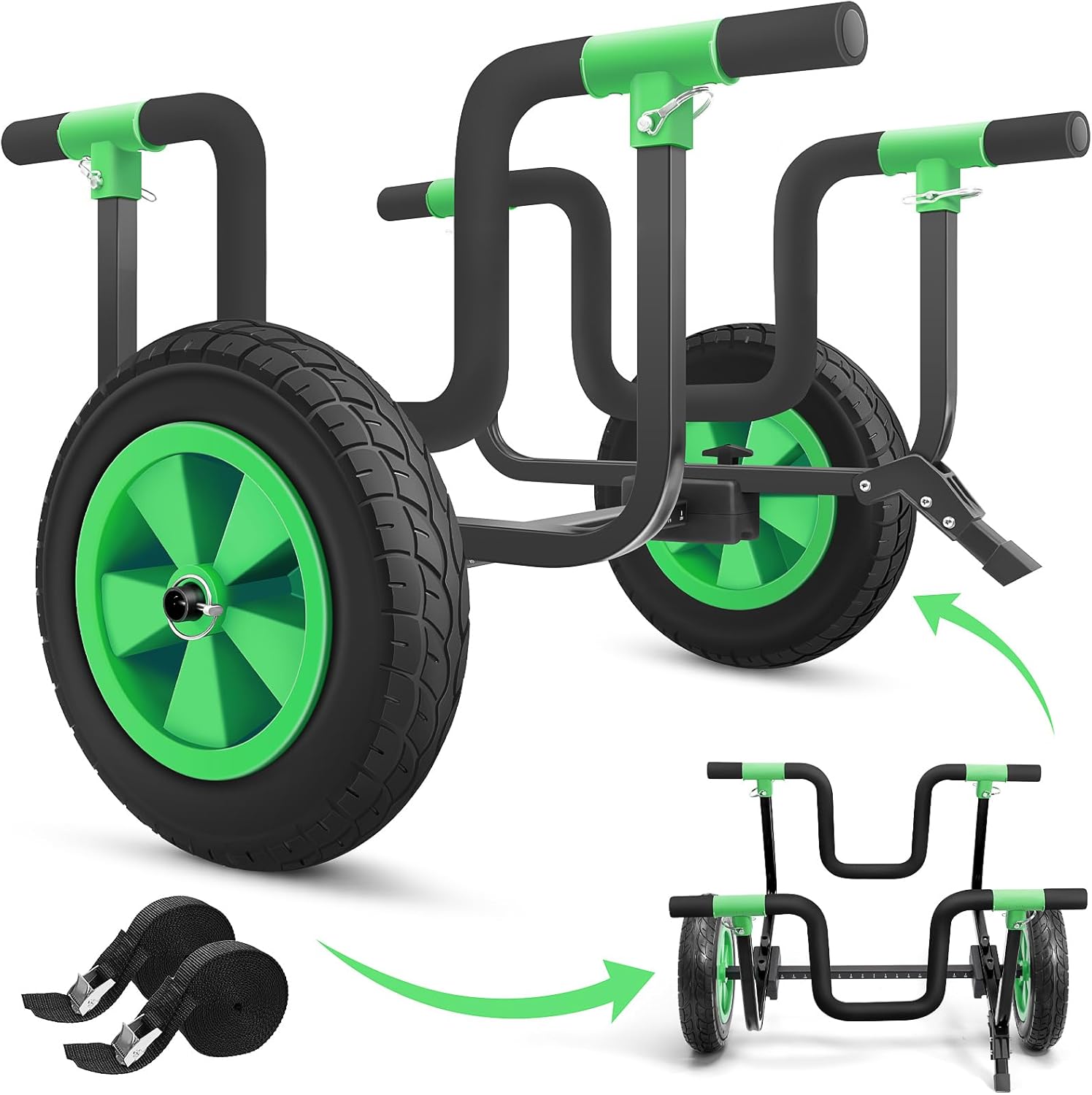 2 in 1 Kayak Cart SUP Board Cart, Heavy Duty Kayak Trolley with Adjustable Bi-Directional Bunker Bars and 14" Solid Rubber Tires, 330 LB Capacity, Dolly for Kayaks Canoes Jon Boats green