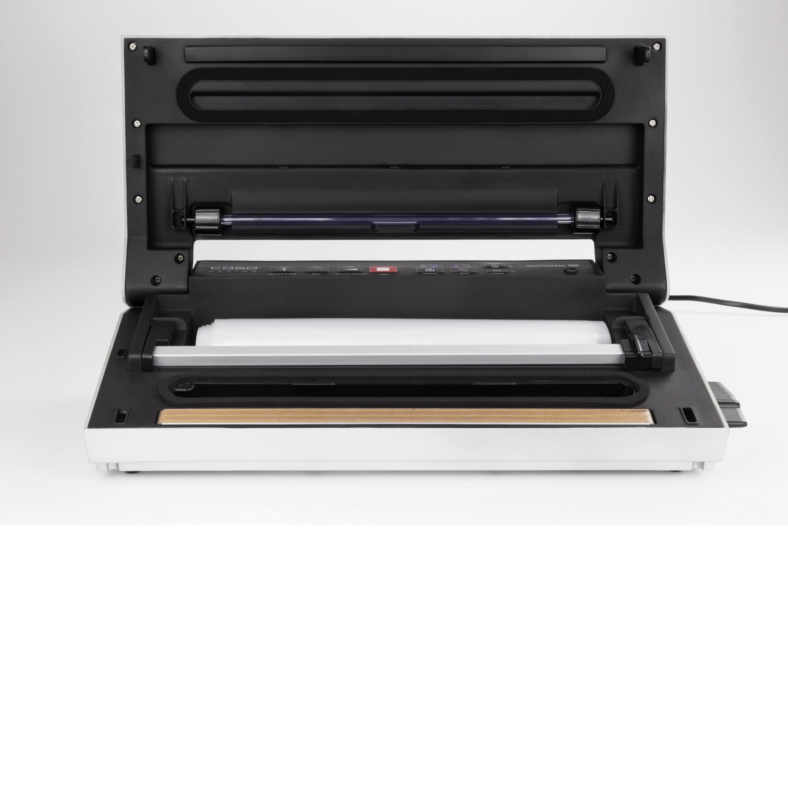 CASO GourmetVAC480 - Envasadora al vacío doméstica - Potente capacidad de vacío de 20 L/min - Integra caja de almacenamiento de film y cortadora plegable - Función de memoria - plateado | Verificación de prueba muy buena, doble soldadura, bomba de pistón