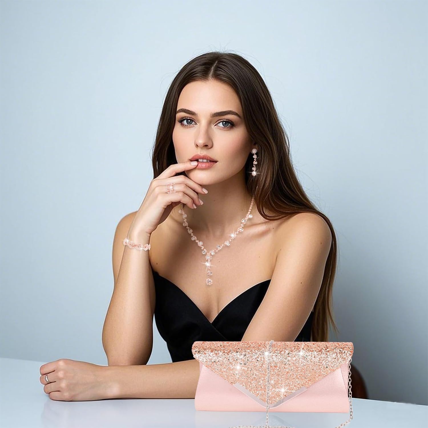 Wecoe 5pcs/set Jewelry Purse Set For Women Handbags Clutch Rhinestone Diamond Necklaces Bracelets Earrings Ring Set Wedding Bridal Prom Homecoming Costume Jewelry Formal Evening Bag Accessories - Image 2