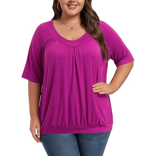 Women's Plus Size Tops Short Sleeve Shirts Pleated V Neck Loose Baggy Blouse