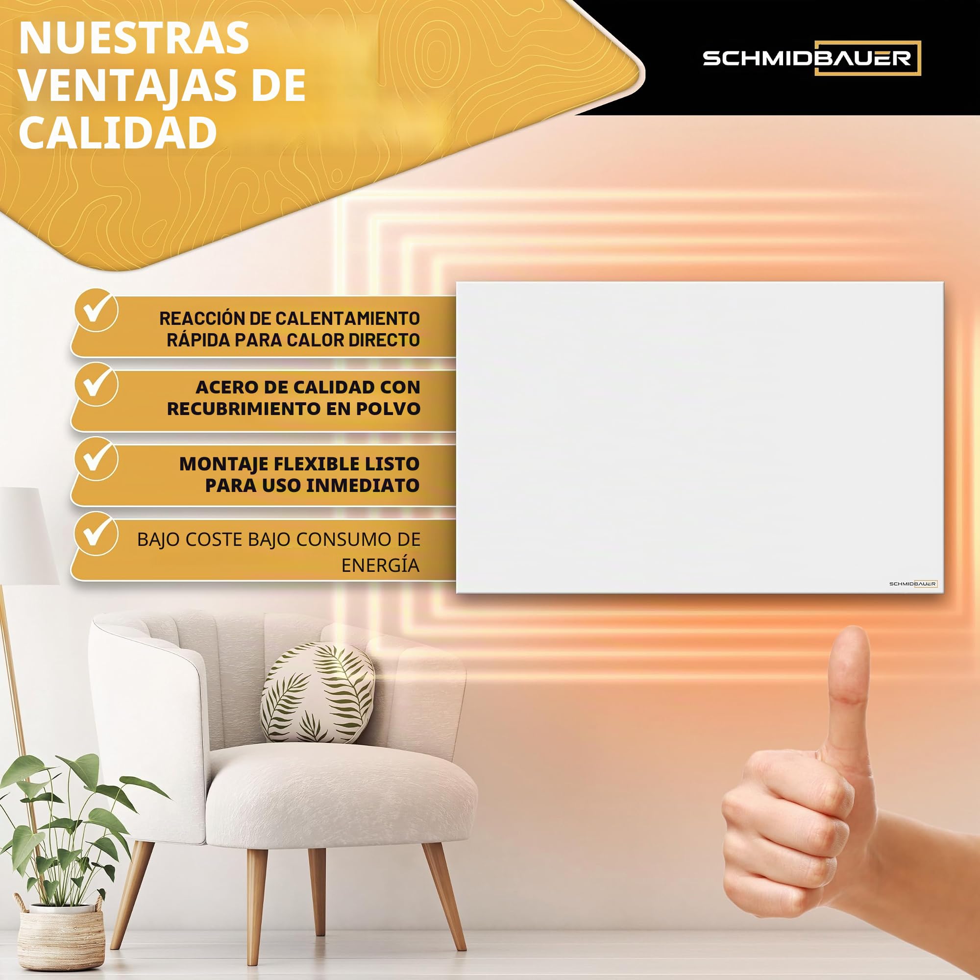 SCHMIDBAUER® Calefacción por infrarrojos Concept de 700 W, incluye accesorios de montaje, soporte de pared o techo Easy Click, protección contra sobrecalentamiento, soldado sin marco, recubierto de