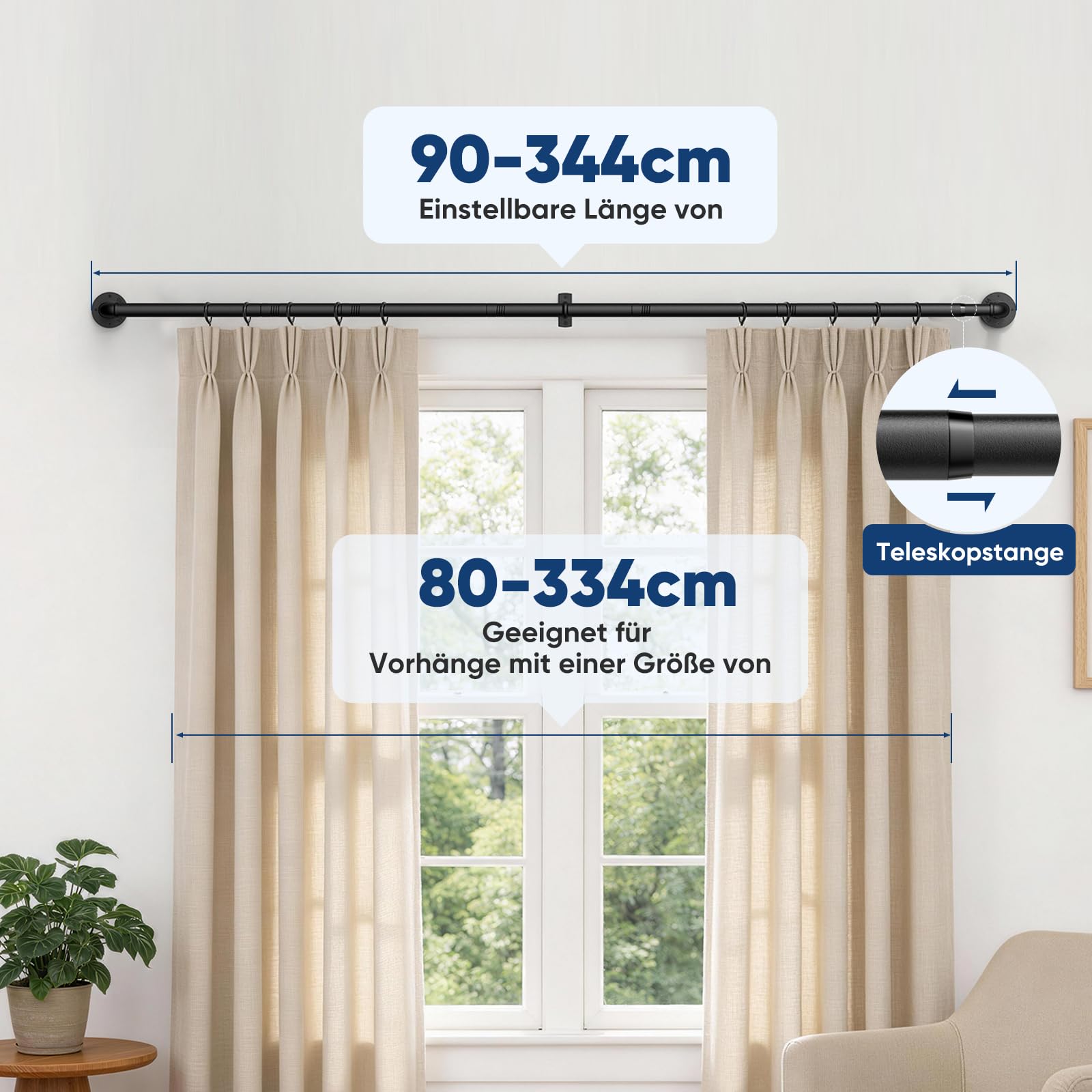 Tringle à rideaux extensible de 90 à 344 cm - Noir - Montage au plafond - Tringle à rideaux industrielle de 25 mm de diamètre - Pour terrasse, porte coulissante en verre, salon