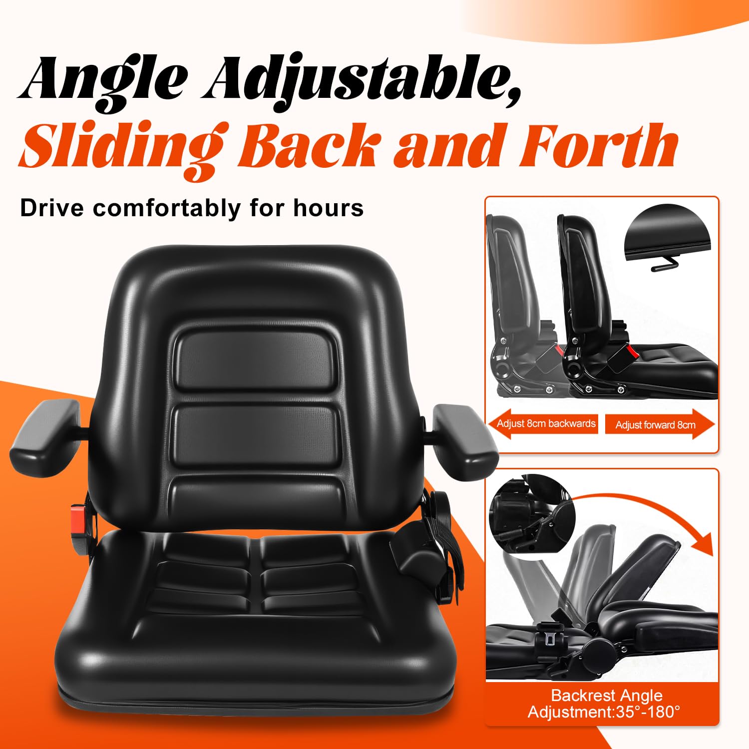 Universal Forklift Seat,Fold Down Tractor Seat with Adjustable Angle Back,Forklift Seat with Retractable Safety Belt,for Tractor,Skid Loader,Excavator,Dozer,Backhoe — view 2