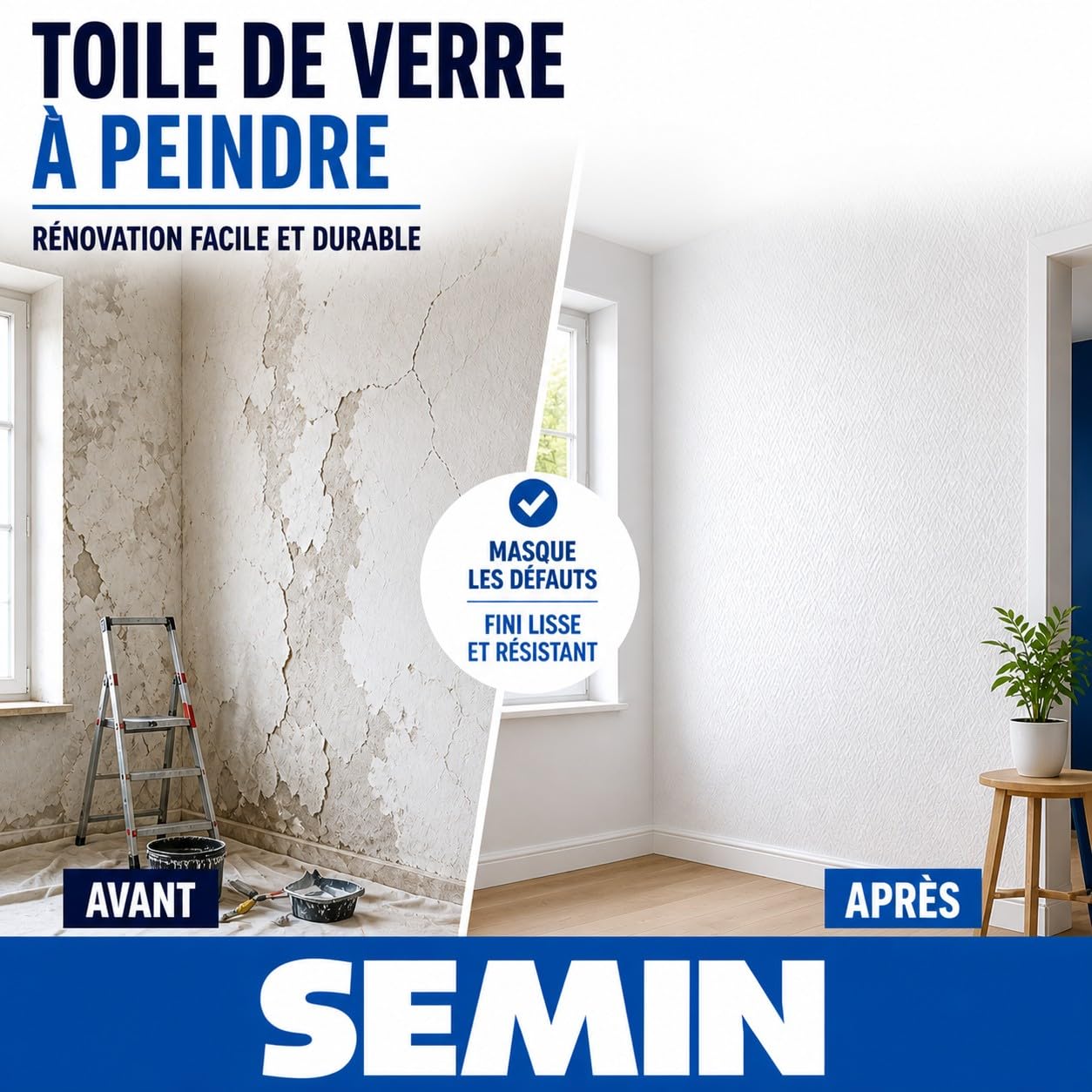 Semin Toile de Verre à Peindre Motif Chevron – Rouleau 50 x 1 m – Fibre de Verre Pré-Enduite – Rénovation Mur – Masque Défauts & Fissures – Facile à Poser