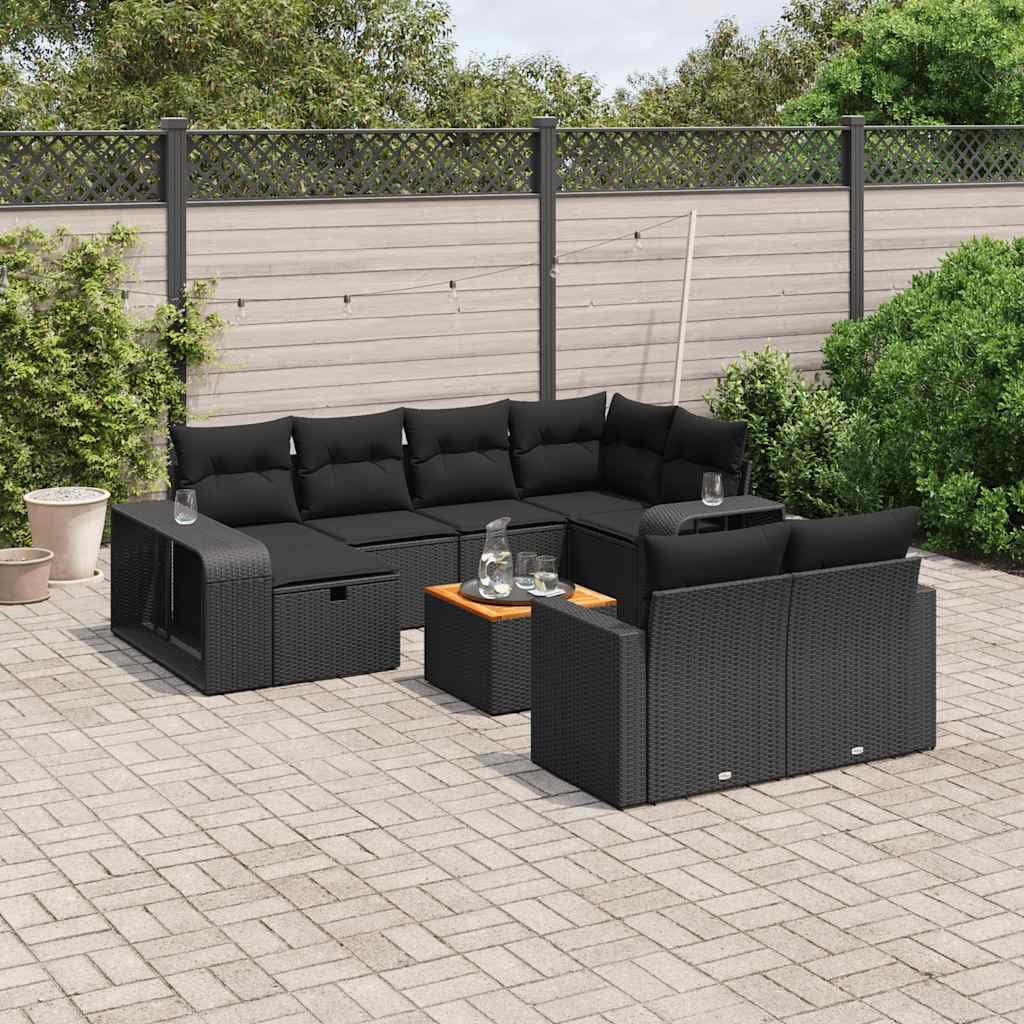11-TLG. Garten-Sofagarnitur aus Poly Rattan mit Kissen Schwarz, wetterfestes Lounge Möbel Set für Terrasse Balkon, inkl. Tisch aus Akazienholz