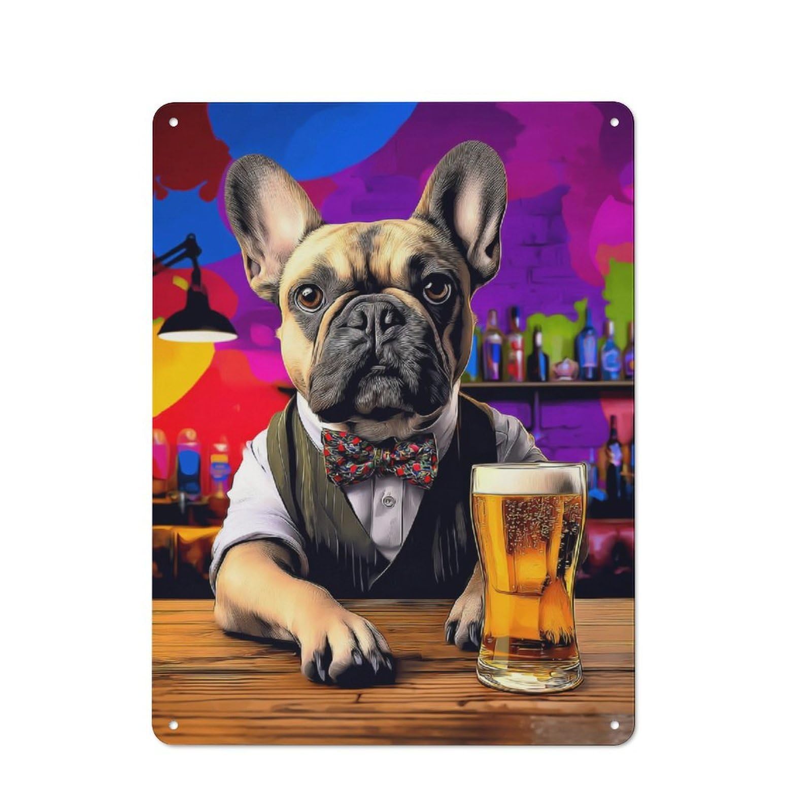 Junmoney French Bulldog In Bar Setting Urban Decorative Metal Plaque 40X30cm Featuring Loft Wall Plaque For Loft, Studio, Office Or Creative Room