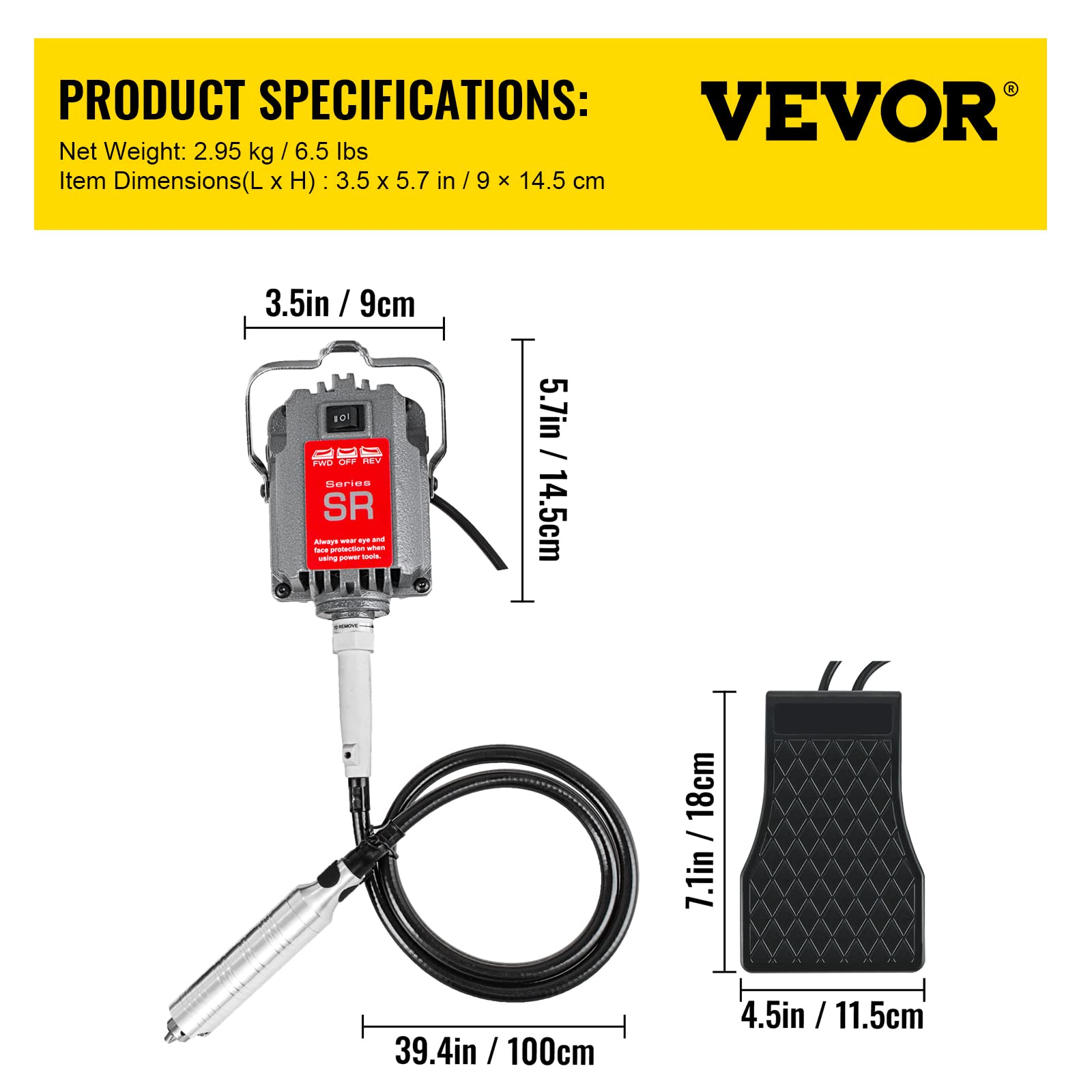 VEVOR Mulino Flessibile Sospeso SR 230w, Albero Motore Flessibile per Incisione SR con Preciso Mandrino a Tre Griffe, con Motore in Rame Puro, per Riparazione, Perforazione, Molatura, Lucidatura