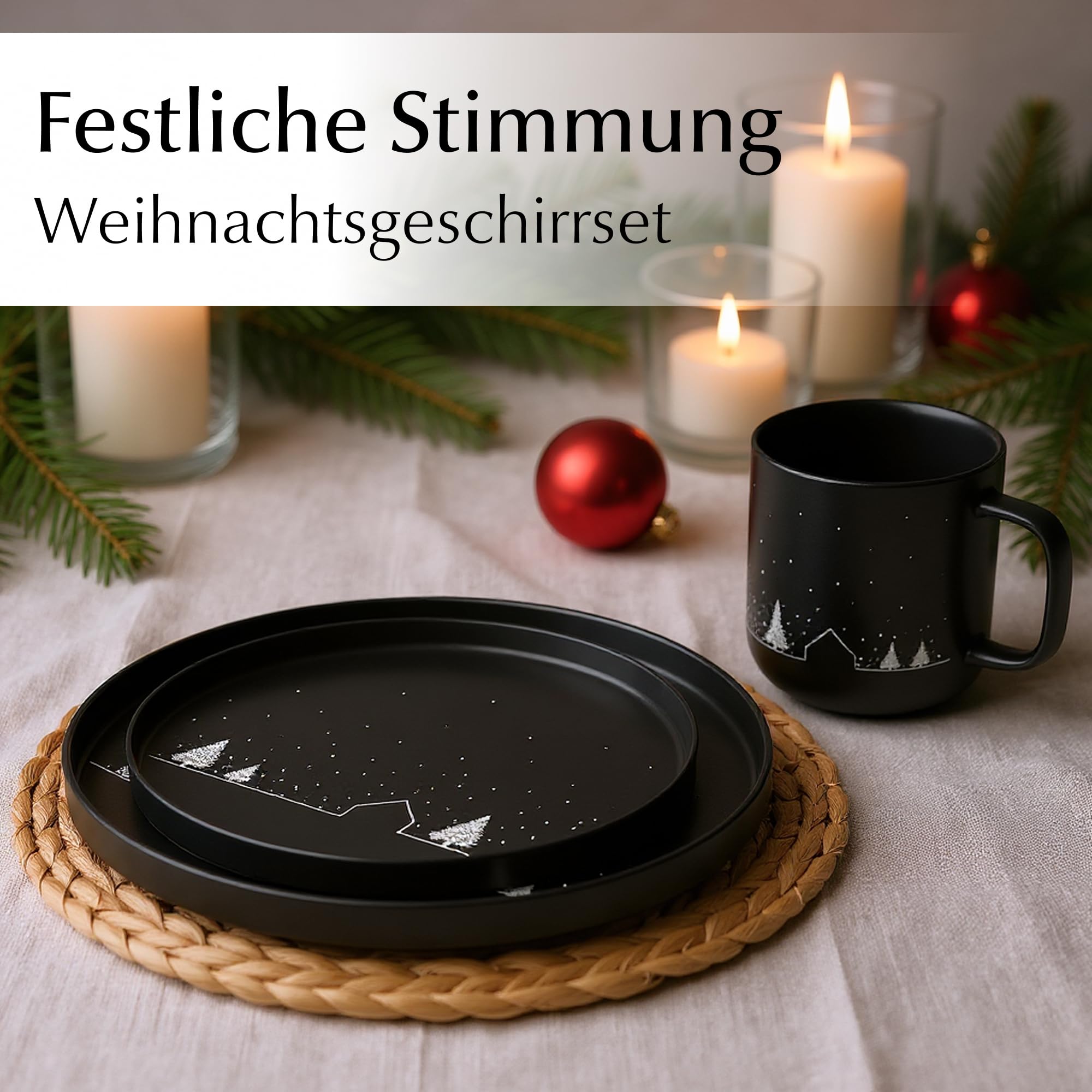 MIAMIO - Geschirrset/Tafelservice, Weihnachtsgeschirr (12-Teilig) - Vinter | Keramik Geschirrset mit Tellern und Tassen, Tafelservice Weihnachten, Geschirr Weihnachten, Geschenk Set - spülmaschinenfest