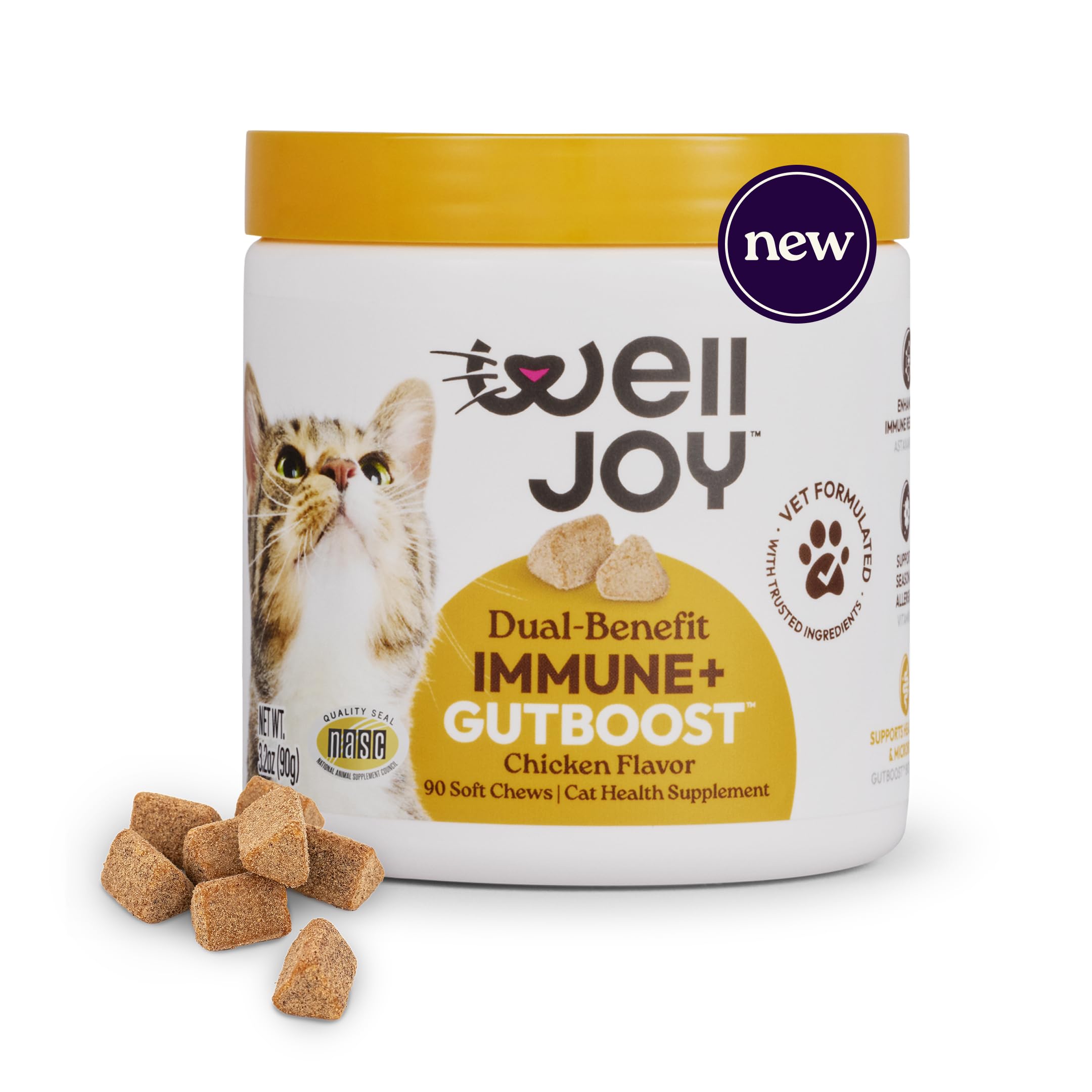 New! WellJoy Cat Supplement Immune+ GutBoost | Cat Health Supplement | with Lysine | Enhances Immune Response | Dual-Benefit Formula | Vet Formulated | Made in USA | Chicken Flavor | 90 Soft Chews