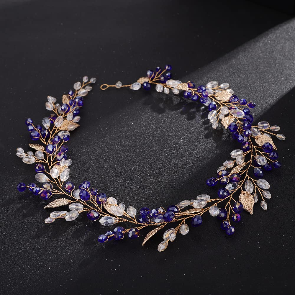Teyglen Bride Wedding Hair Vine Headband Bridal Crystal Gold Leaf Hair Pieces Handmade Blue Red Green Rhinestone Headpiece Hair Accessories for Women Girls
