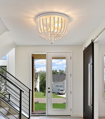 Miniatura 5 de Q&S Candelabros blancos bohemios con cuentas de montaje empotrado, lámpara de techo pequeña de 3 luces para dormitorio, cocina, comedor, sala de