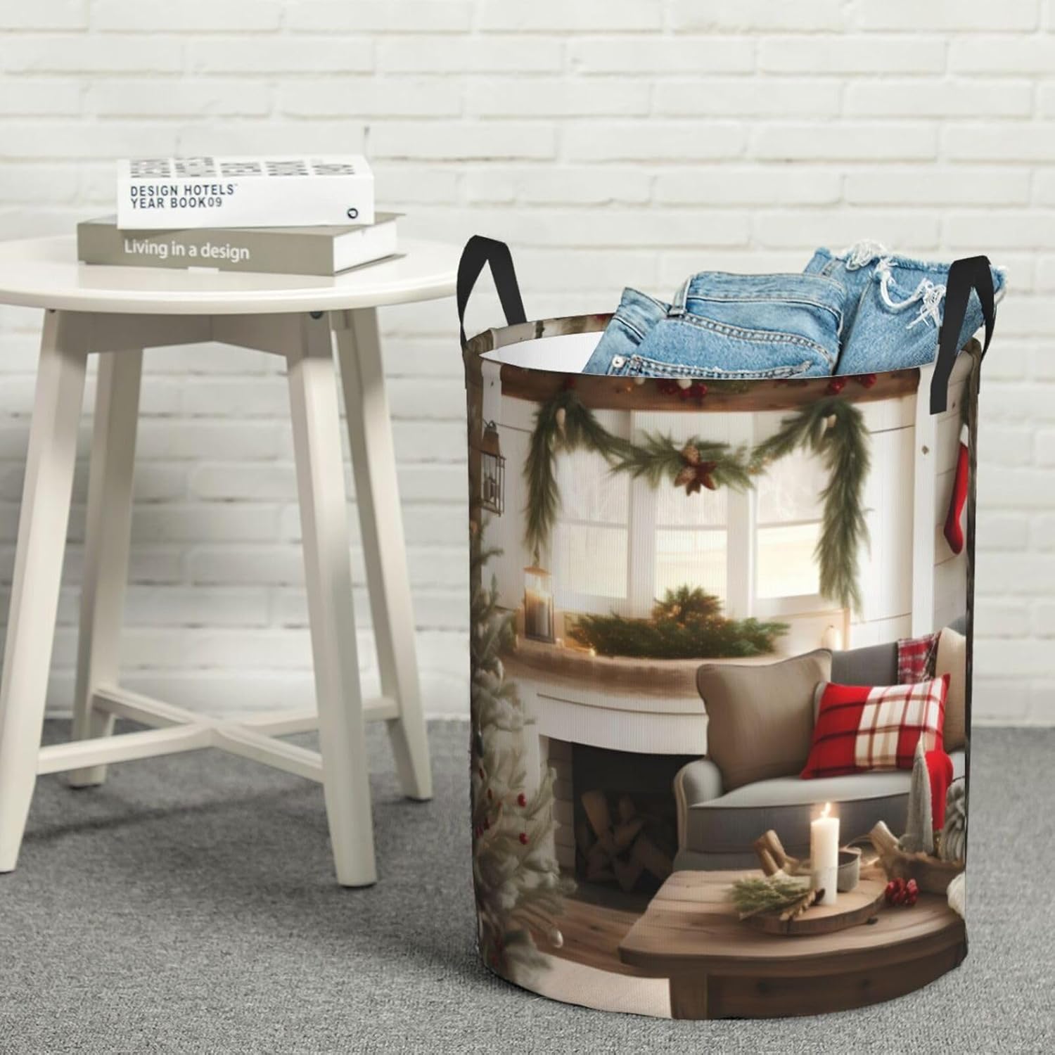 Farmhouse Christmas Parrern Round Waterproof Oxford Fabric Large Clothes Basket Laundry Hamper With Handles,Toy Storage